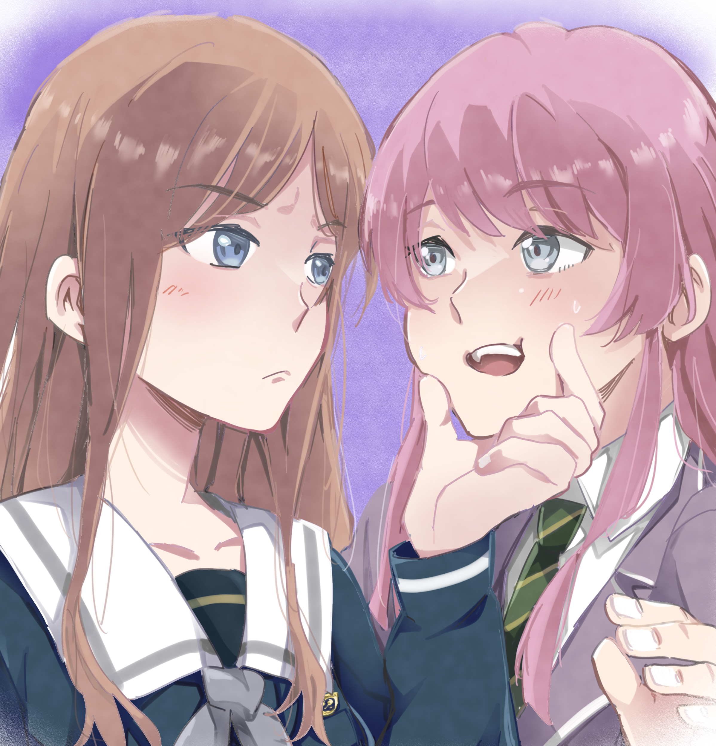 chihaya anon, nagasaki soyo, bang dream!, bang dream! it's mygo!!!!!, absurdres, commentary, hashtag-only commentary, highres, 2girls, blue eyes, blue shirt, blush, brown hair, cheek press, cheek squash, closed mouth, diagonal-striped clothes, diagonal-striped necktie, fang, green necktie, grey eyes, grey jacket, jacket, karakuzu mygo, long hair, long sleeves, looking at another, multiple girls, necktie, open mouth, pink hair, shirt, sidelocks, striped clothes, sweatdrop, yuri