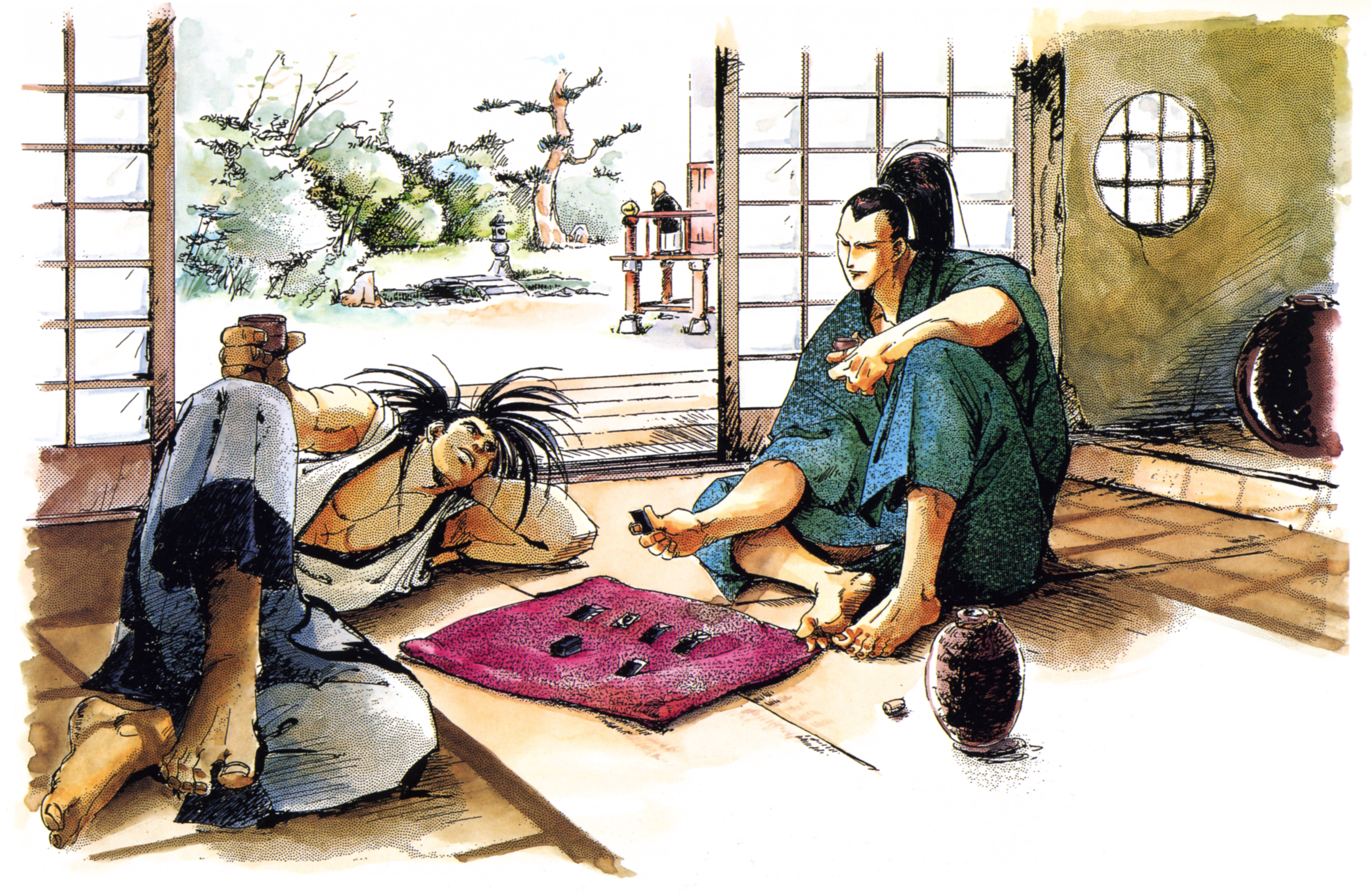 shiroi eiji, caffeine nicotine, haoumaru, kibagami genjuro, samurai spirits, snk, absurdres, highres, official art, scan, 3boys, bald, barefoot, black hair, day, full body, garden, indoors, japanese clothes, knee up, long hair, lying, male focus, multiple boys, muscular, muscular male, old, old man, on floor, on side, ponytail, shouji, sitting, sliding doors, stone lantern, tatami, tree