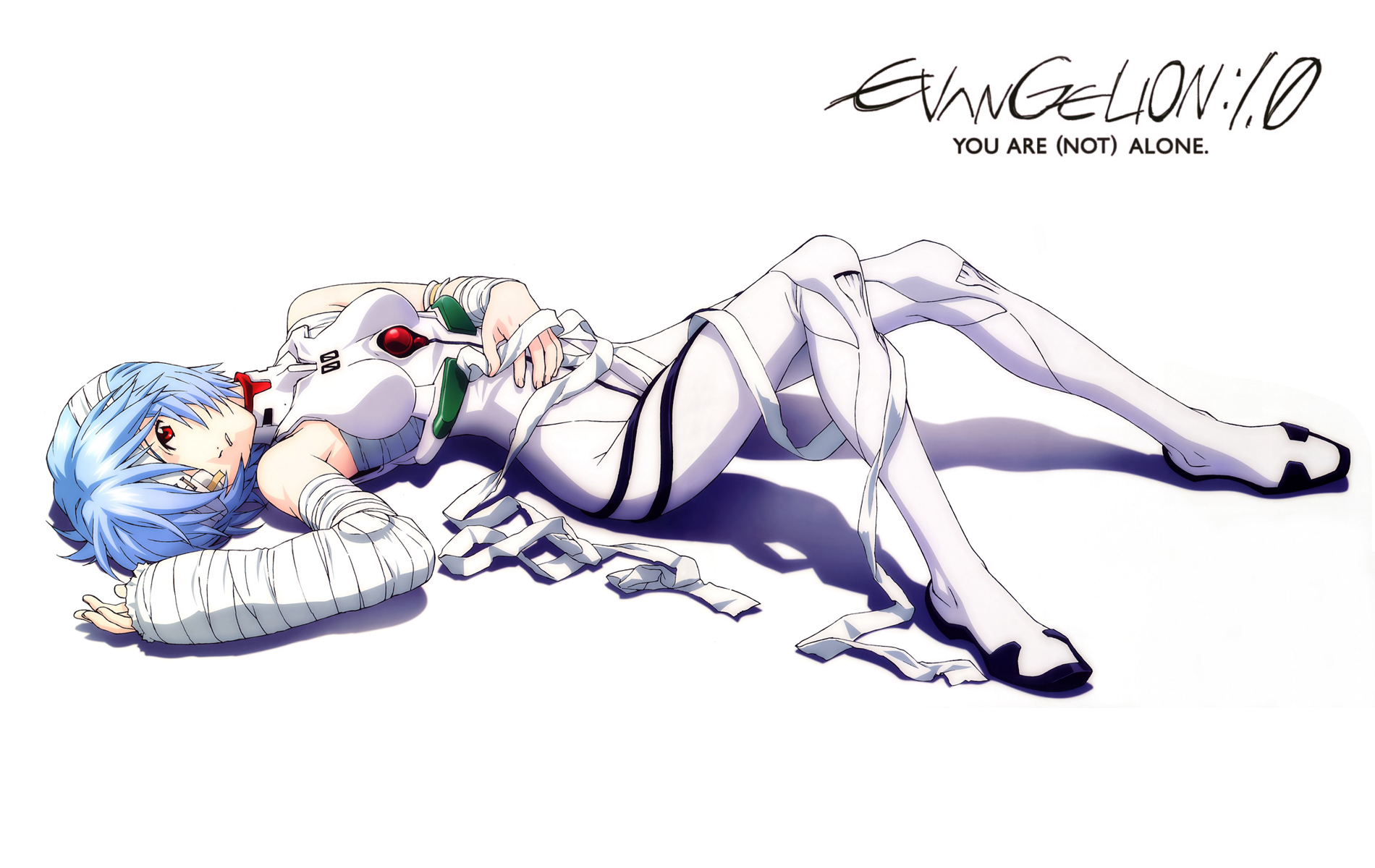 ayanami rei, evangelion: 1.0 you are (not) alone, neon genesis evangelion, rebuild of evangelion, highres, 00s, bandages, blue hair, eyepatch, lying, mecha pilot suit, plugsuit (evangelion), red eyes, short hair