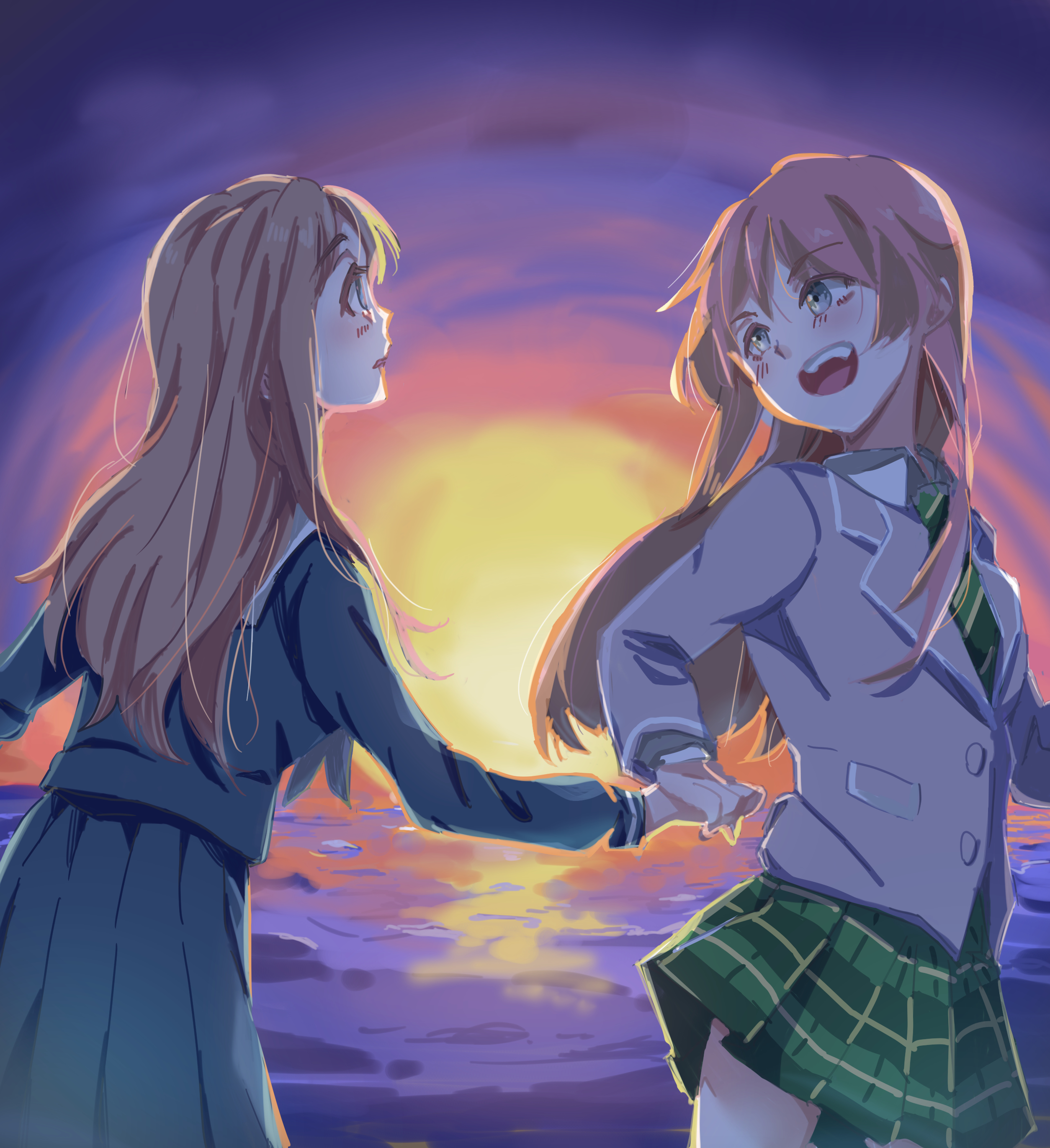 chihaya anon, nagasaki soyo, bang dream!, bang dream! it's mygo!!!!!, absurdres, commentary, hashtag-only commentary, highres, 2girls, blue shirt, blue skirt, brown hair, diagonal-striped clothes, diagonal-striped necktie, green necktie, green skirt, grey jacket, haneoka school uniform, holding hands, jacket, karakuzu mygo, long hair, long sleeves, multiple girls, necktie, open mouth, pink hair, school uniform, shirt, sidelocks, skirt, striped clothes, sunset, teeth, tsukinomori school uniform, upper teeth only, yuri