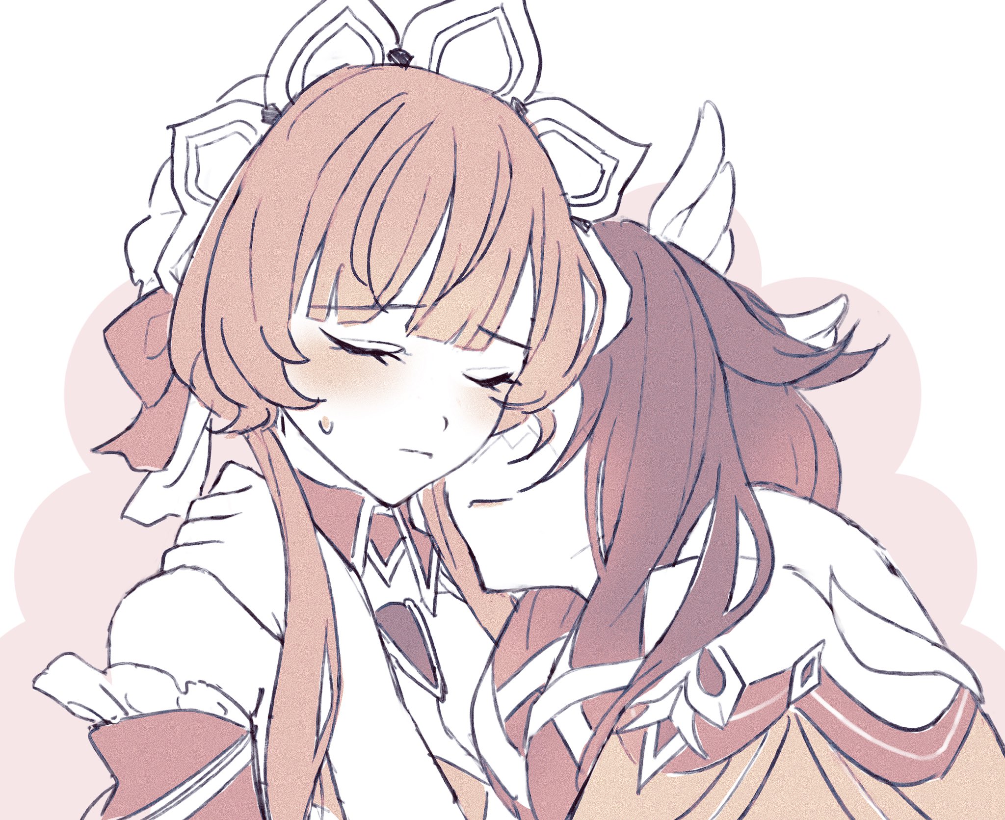 inuuupaw, columbina (genshin impact), sandrone (genshin impact), genshin impact, commentary, hashtag-only commentary, highres, 2girls, bare shoulders, black hair, blush, brown hair, closed eyes, closed mouth, feathered wings, hand on another's shoulder, headdress, long hair, multiple girls, smile, sweat, upper body, wings, yuri