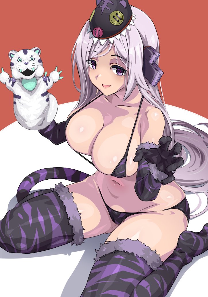 shitagani, cosmic break, commentary request, bikini, breasts, claw pose, fake tail, hand puppet, hat, large breasts, long hair, looking at viewer, lupette rowel, open mouth, puppet, purple eyes, purple hair, sitting, smile, string bikini, swimsuit, tail, thighhighs, tiger, very long hair, wariza
