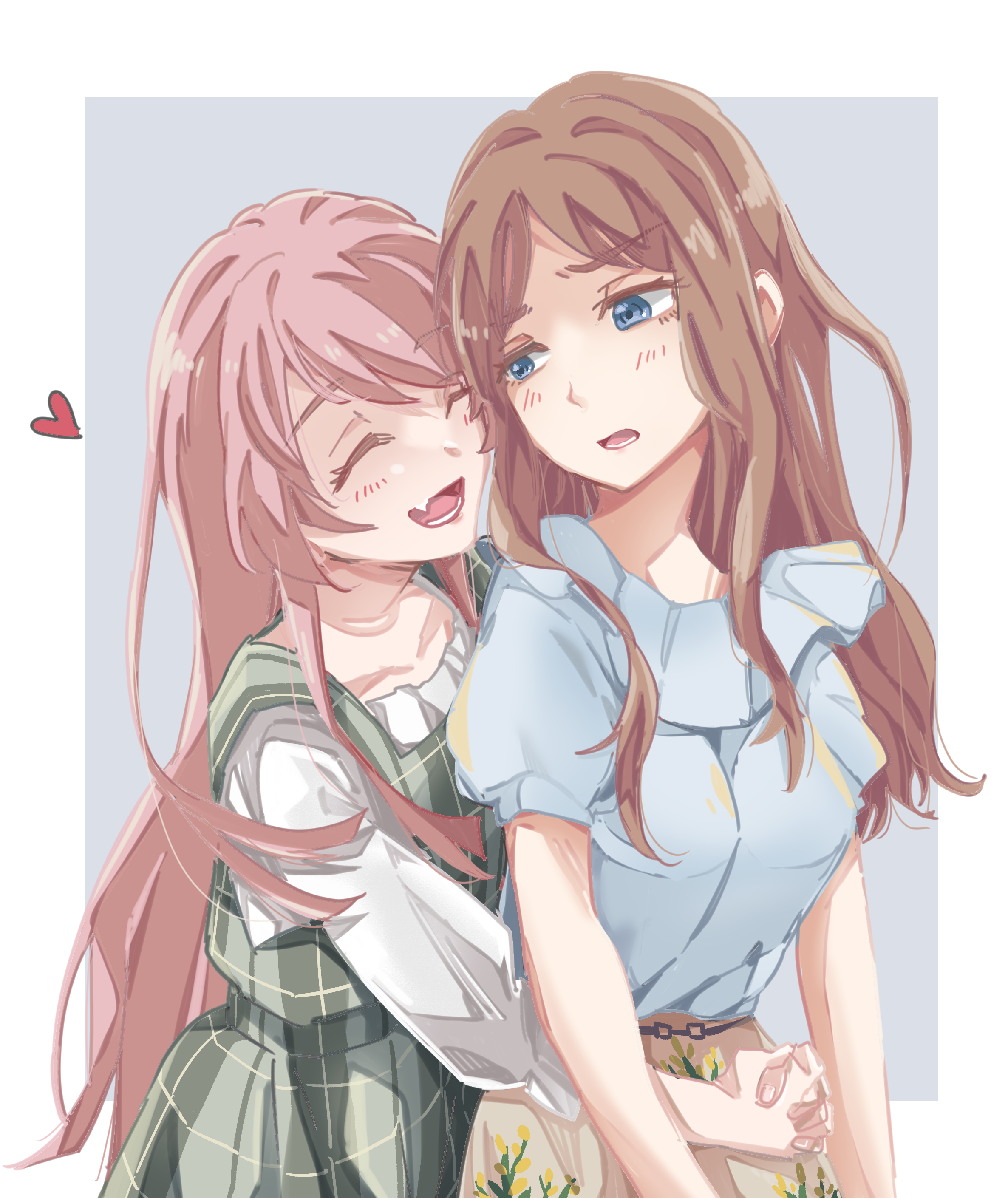 chihaya anon, nagasaki soyo, bang dream!, bang dream! it's mygo!!!!!, absurdres, commentary, hashtag-only commentary, highres, 2girls, blue background, blue eyes, blue shirt, blush, border, brown hair, dress, fang, grey dress, heart, hug, hug from behind, karakuzu mygo, long hair, lower teeth only, multiple girls, open mouth, outside border, pinafore dress, pink hair, shirt, short sleeves, sidelocks, simple background, sleeveless, sleeveless dress, teeth, white border