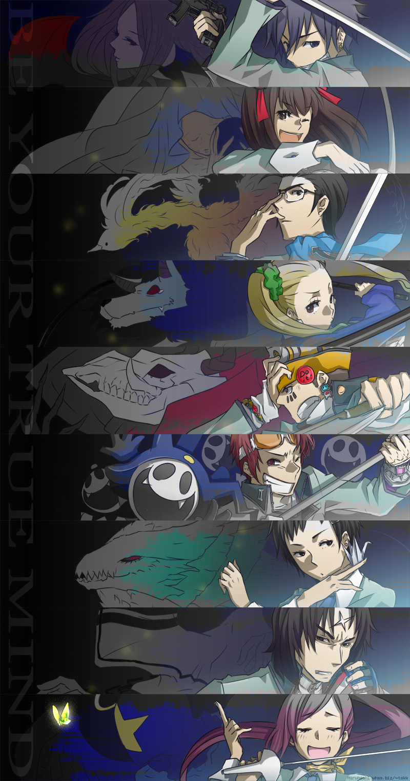 haruhashi, ayase yuka, inaba masao, jack frost (megami tensei), kido reiji, kirishima eriko, lilim (megami tensei), mayuzumi yukino, nanjo kei, nanjou kei, sonomura maki, toudou naoya, uesugi hidehiko, atlus, persona, persona 1, highres, 3girls, 5boys, badge, beanie, bird, black hair, blonde hair, blue hair, bug, butterfly, button badge, demon (megami tensei), epee, everyone, glasses, goggles, hat, hood, insect, multiple boys, multiple girls, origami, paper crane, ponytail, rapier, red hair, saber (weapon), sword, twintails, weapon, whip