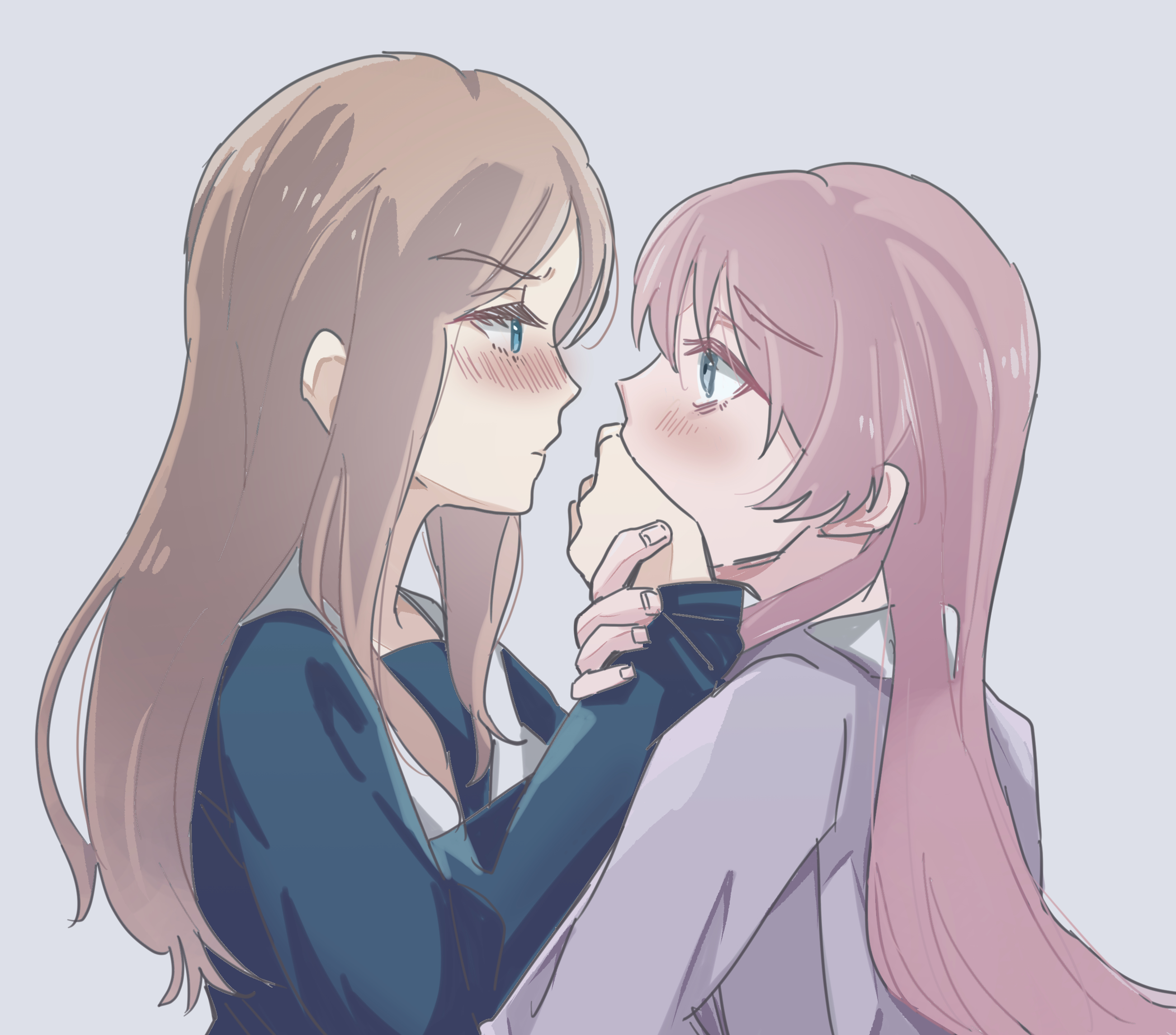 chihaya anon, nagasaki soyo, bang dream!, bang dream! it's mygo!!!!!, commentary, hashtag-only commentary, highres, 2girls, blue eyes, blue shirt, blush, brown hair, closed mouth, covering another's mouth, eye contact, grey background, grey eyes, haneoka school uniform, karakuzu mygo, long hair, looking at another, multiple girls, pink hair, rejected kiss, school uniform, shirt, simple background, tsukinomori school uniform, yuri