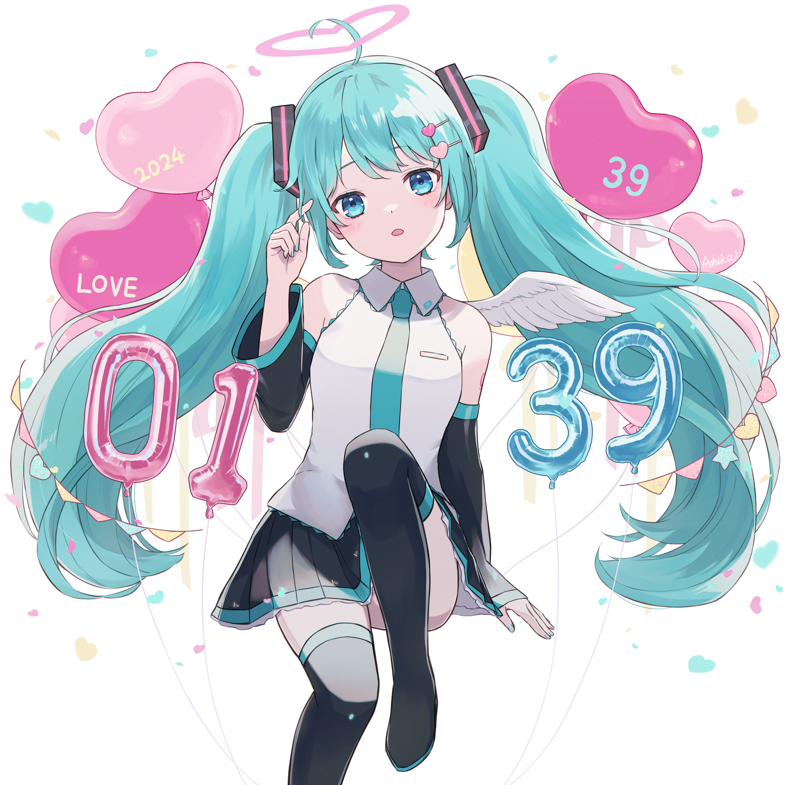 ashika (yftcc948), hatsune miku, vocaloid, absurdres, commentary request, highres, 1girl, 39, 2024, angel wings, aqua hair, aqua nails, aqua trim, balloon, black skirt, blue eyes, blush, collared shirt, detached sleeves, feathered wings, hair between eyes, hair ornament, halo, heart, heart balloon, heart halo, long hair, long sleeves, looking at viewer, miku day, miniskirt, number balloon, open mouth, pink halo, pleated skirt, shirt, skirt, solo, twintails, very long hair, white shirt, white wings, wings