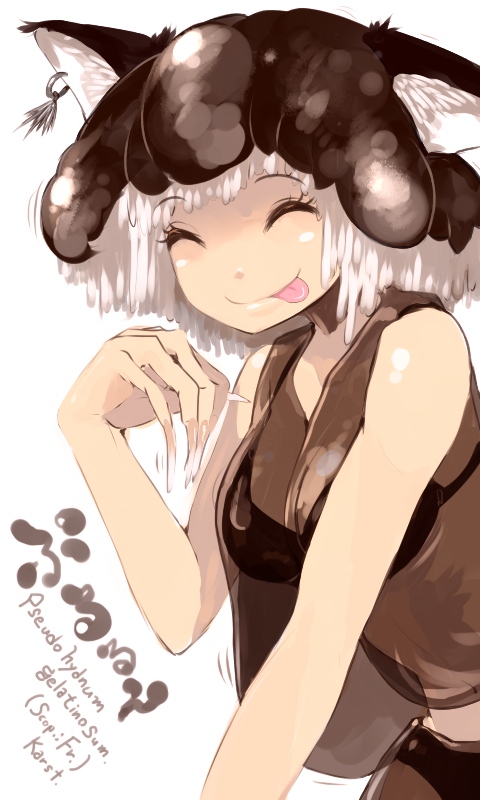 oso (toolate), pseudohydnum gelatinosum, oso-teki kinoko gijinka zukan, 1girl, :p, animal ears, breasts, cat ears, cat girl, closed eyes, earrings, female focus, jewelry, mushroom, personification, smile, solo, tongue, tongue out, white background, white hair