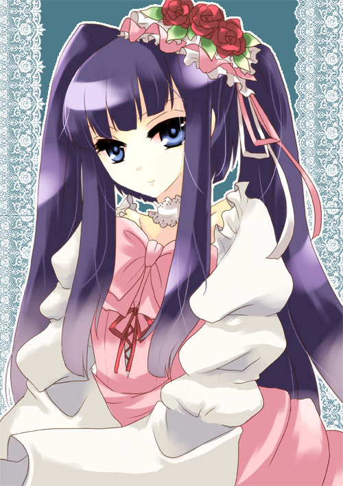 ico (pekoguest), furudo erika, umineko no naku koro ni, bad id, bad pixiv id, 00s, 1girl, blue eyes, bow, choker, female focus, flower, pink bow, purple hair, ribbon, rose, solo, twintails