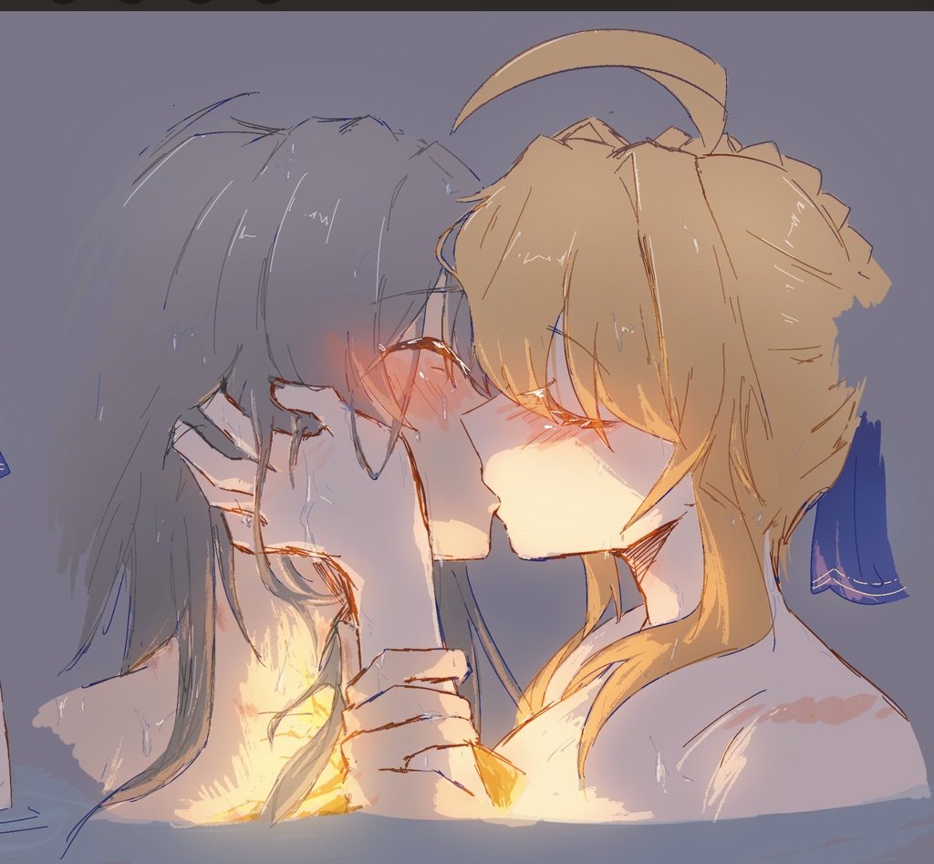 caitoayu, artoria pendragon (fate), saber (fate), stelle (honkai: star rail), trailblazer (honkai: star rail), fate/grand order, fate (series), honkai: star rail, honkai (series), commentary, english commentary, 2girls, ahoge, blonde hair, blue ribbon, blush, closed eyes, grey hair, hair ribbon, hand on another's face, holding another's wrist, kiss, long hair, multiple girls, ribbon, same-sex bathing, shared bathing, upper body, yuri