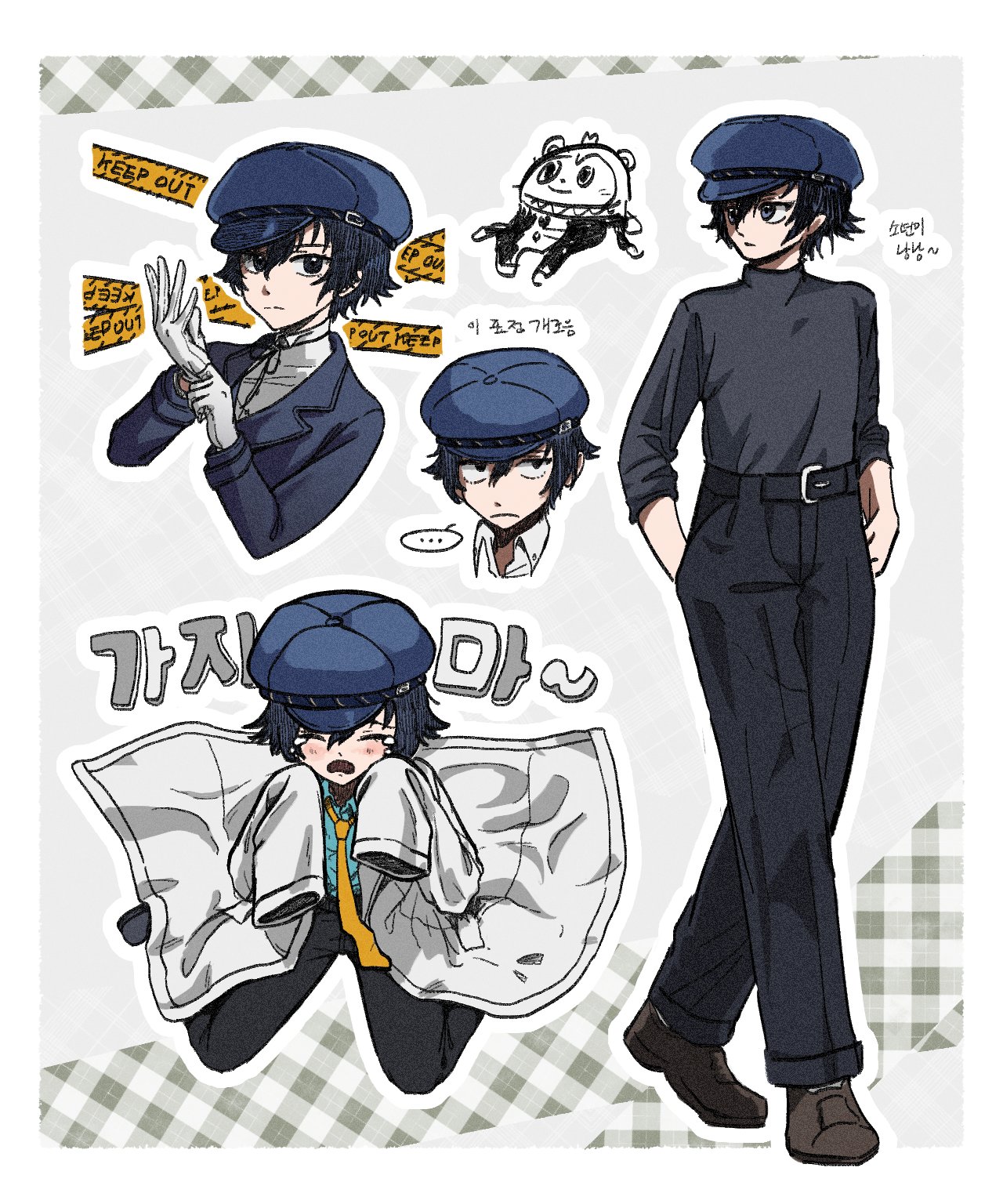 eunhyul, kuma (persona 4), shadow naoto, shirogane naoto, persona, persona 4, commentary request, highres, korean commentary, translation request, …, 1boy, 1girl, adjusting clothes, adjusting gloves, androgynous, belt, belt buckle, black belt, black pants, blue hair, blue hat, blue jacket, blue shirt, brown shoes, buckle, caution tape, collared shirt, dual persona, english text, flattened, gloves, grey eyes, grey shirt, hands in pockets, hat, jacket, korean text, lab coat, long sleeves, neck ribbon, necktie, newsboy cap, outline, pants, reverse trap, ribbon, shirt, shoes, standing, tears, turtleneck, turtleneck shirt, unamused, white gloves, white outline, white shirt, yellow necktie