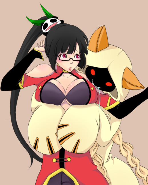 5emon (pixiv), lao jiu, litchi faye ling, taokaka, arc system works, blazblue, blazblue: calamity trigger, 2girls, animal ears, animal hood, black hair, blonde hair, blush, braid, breasts, cat ears, cat hood, china dress, chinese clothes, cleavage, dress, glasses, grin, hood, hoodie, large breasts, long hair, multiple girls, panda, ponytail, purple eyes, red eyes, saliva, simple background, smile, yuri