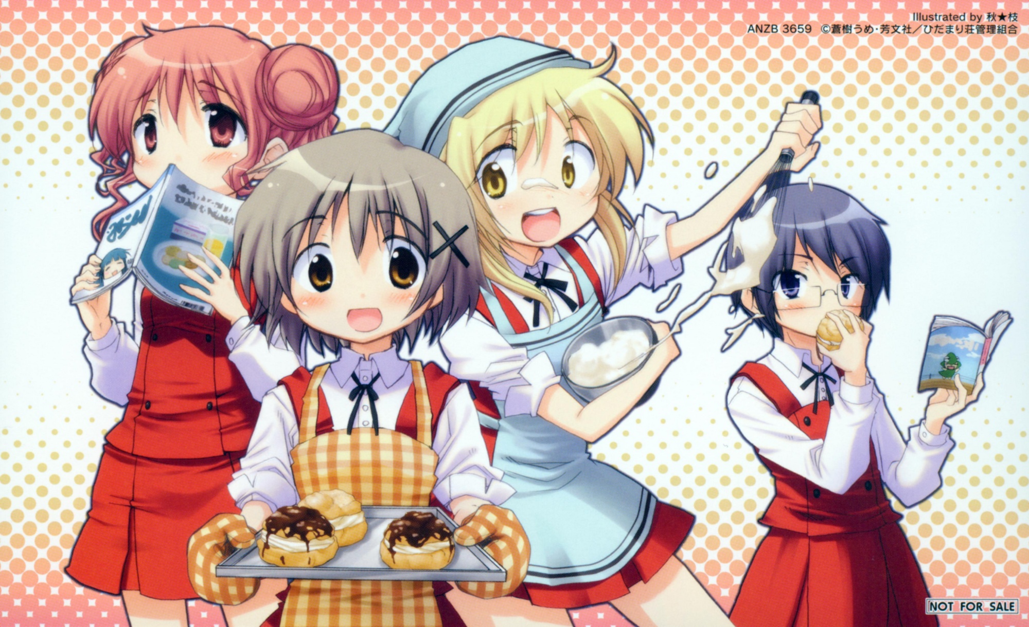 aki eda, hiro (hidamari sketch), miyako (hidamari sketch), sae (hidamari sketch), yuno (hidamari sketch), hidamari sketch, highres, non-web source, 00s, 4girls, apron, bandana, black hair, blonde hair, blue eyes, book, bowl, brown eyes, brown hair, cream, cream puff, egg beater, food, glasses, long hair, multiple girls, oven mitts, pastry, pot holders, school uniform, short hair, whisk, yamabuki high school uniform, yellow eyes