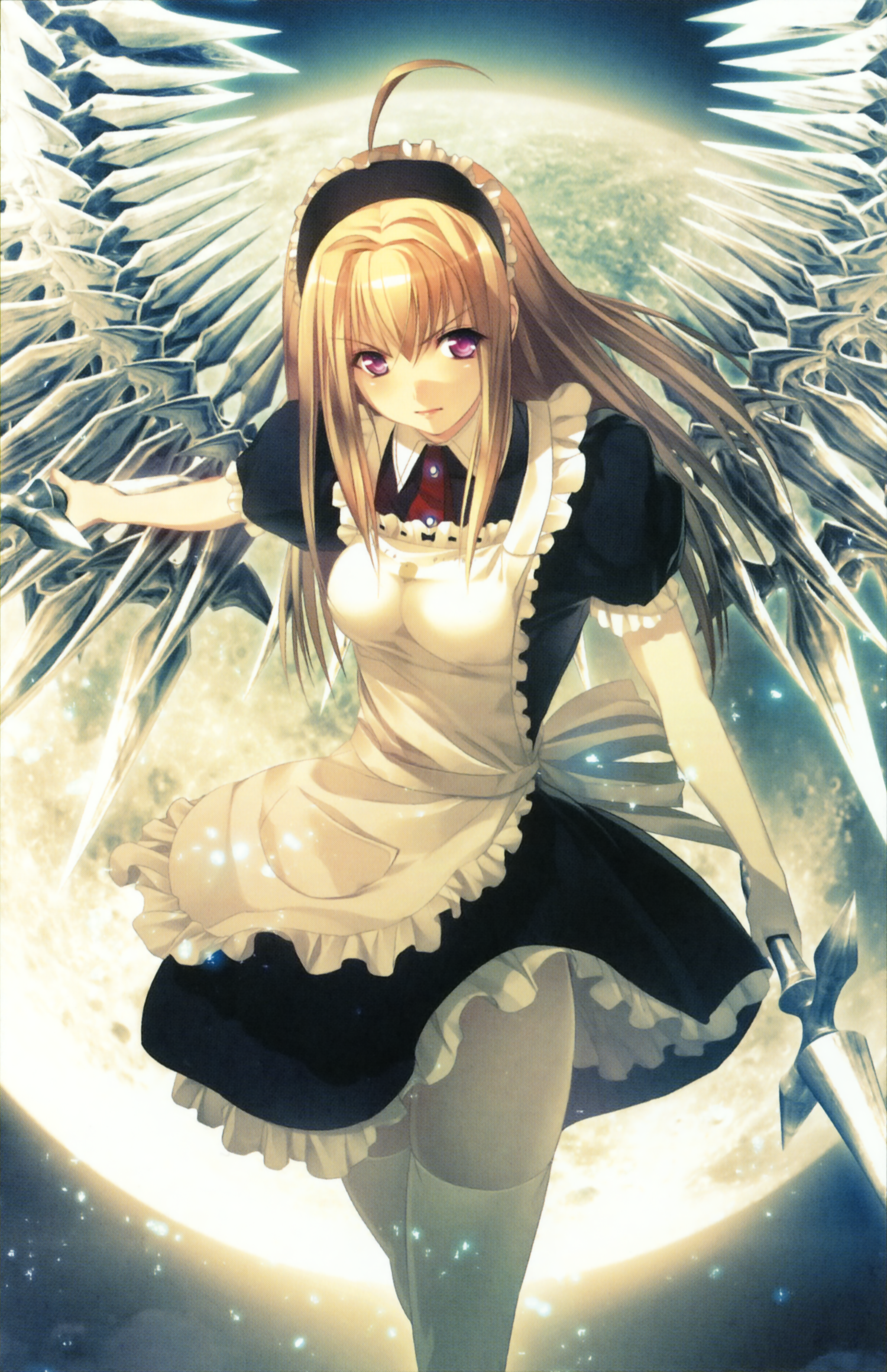 oosaki shin'ya, anna (gekkou no carnevale), gekkou no carnevale, highres, 1girl, ahoge, blonde hair, female focus, frills, hairband, long hair, maid, moon, outdoors, purple eyes, red eyes, sky, solo, sword, thighhighs, weapon, white thighhighs, wings, zettai ryouiki