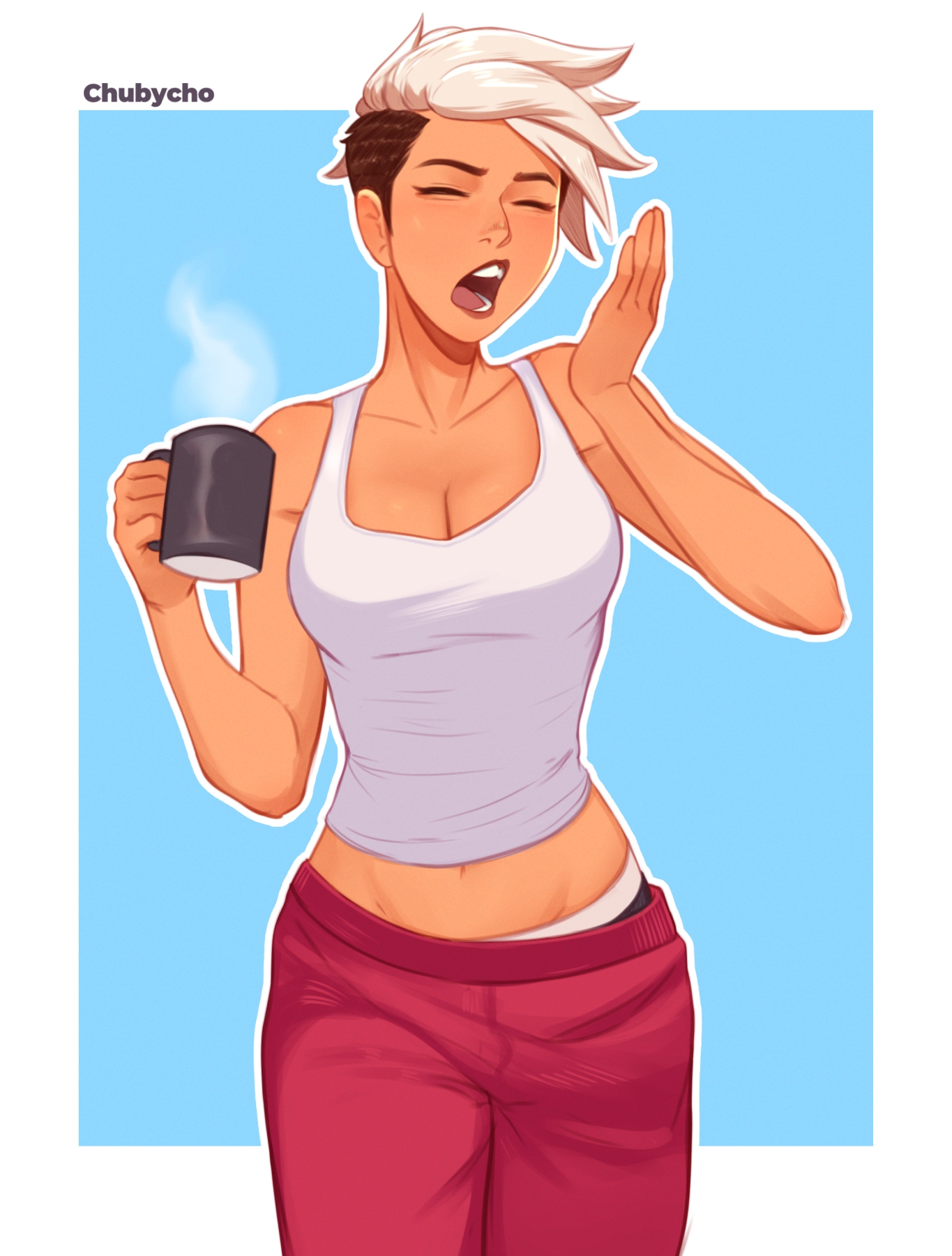 chubycho, original, highres, ava (chubycho), bare shoulders, breasts, brown hair, cleavage, closed eyes, cup, holding, holding cup, loose pants, midriff, mug, multicolored hair, navel, open mouth, pants, red pants, short hair, signature, sleepy, tank top, teeth, two-tone hair, undercut, very short hair, white hair, white tank top, yawning