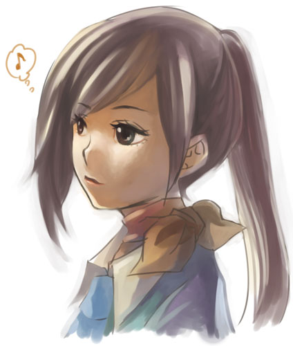 haruhashi, kirishima eriko, atlus, persona, persona 1, lowres, 1girl, ascot, blue necktie, closed mouth, eyebrows hidden by hair, facing to the side, female focus, happy, high ponytail, jacket, long hair, looking to the side, matching hair/eyes, musical note, necktie, orange scarf, ponytail, purple eyes, purple hair, scarf, simple background, smile, solo, speech bubble, thought bubble, upper body, white background