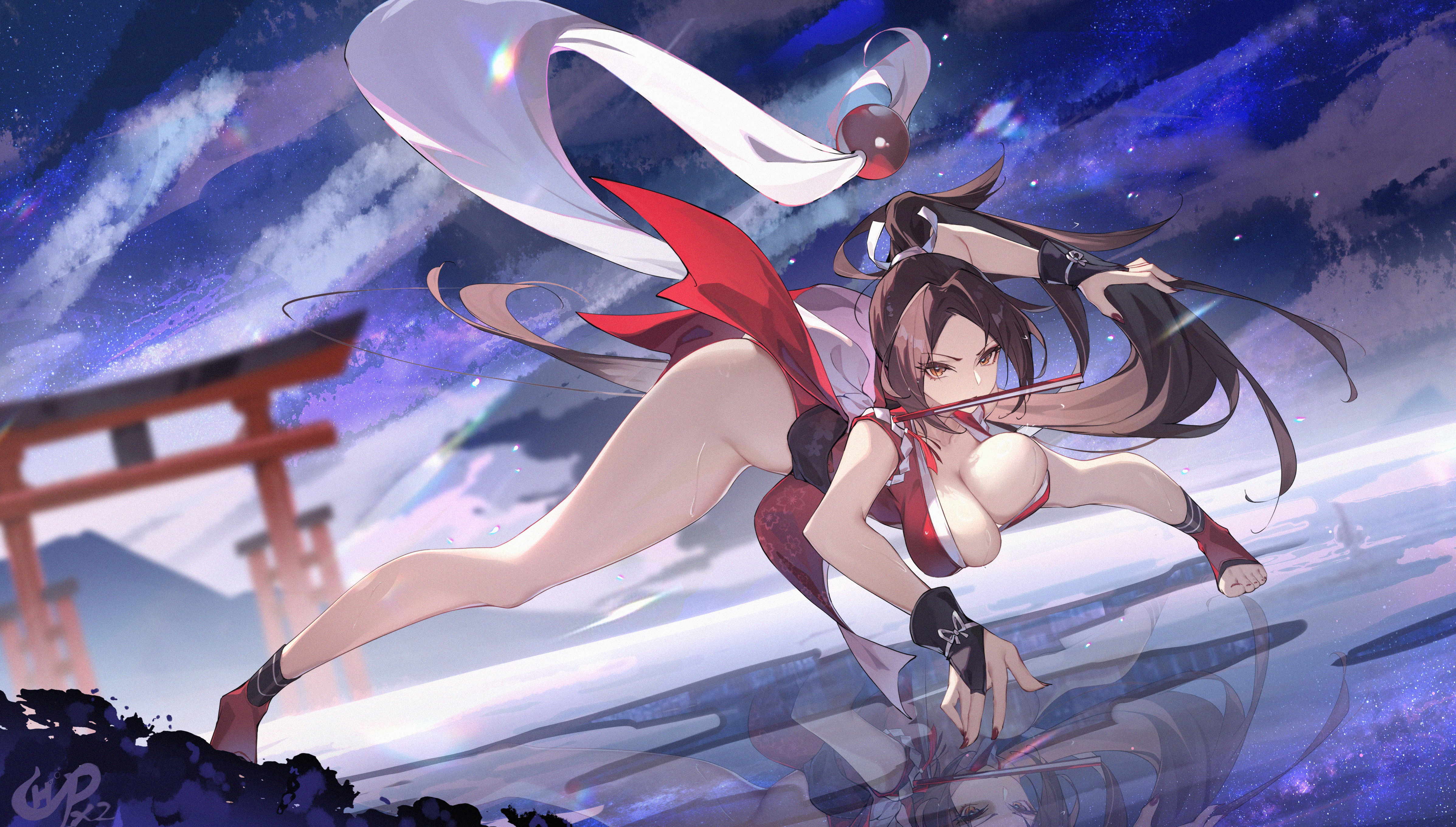 chahu pao, shiranui mai, fatal fury, street fighter, street fighter 6, the king of fighters, absurdres, commentary, highres, 1girl, arm support, artist name, bent over, blurry, breasts, brown eyes, brown hair, brown nails, cleavage, cloud, collarbone, depth of field, dutch angle, feet, floating hair, floral print, forehead, full body, gloves, hair bobbles, hair ornament, hand fan, hand up, japanese clothes, kimono, large breasts, legs, long hair, looking at viewer, motoyui, mouth hold, nail polish, night, night sky, ninja, outdoors, parted bangs, pelvic curtain, ponytail, print kimono, reflection, reflective liquid, revealing clothes, sky, sleeveless, sleeveless kimono, solo, star (sky), starry sky, thighs, toeless legwear, toenail polish, toenails, toes, torii, unaligned breasts, very long hair, water, wet