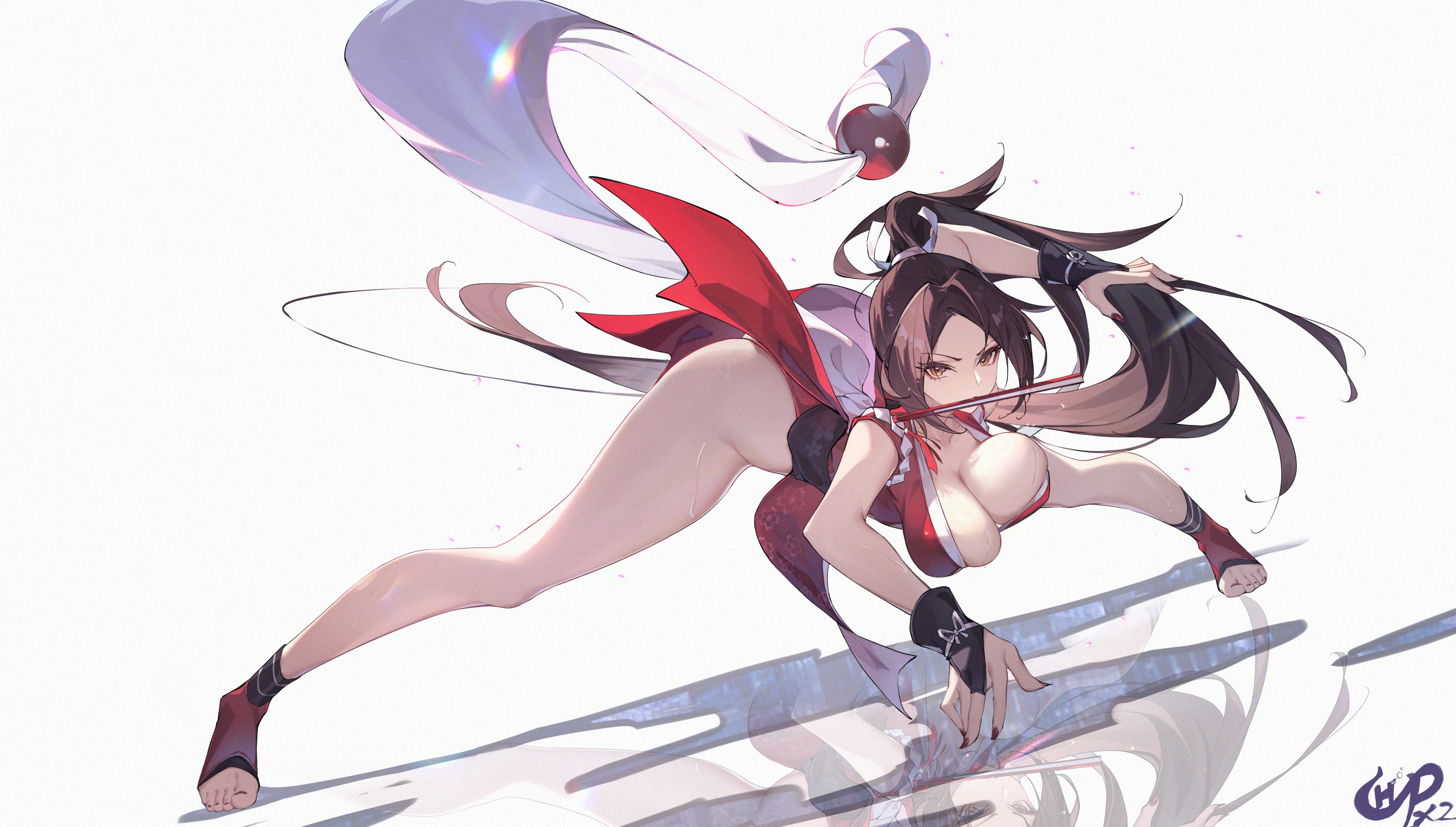 chahu pao, shiranui mai, fatal fury, street fighter, street fighter 6, the king of fighters, absurdres, commentary, highres, 1girl, arm support, artist name, bent over, breasts, brown eyes, brown hair, brown nails, cleavage, collarbone, dutch angle, feet, floating hair, floral print, forehead, full body, gloves, hair bobbles, hair ornament, hand fan, hand up, japanese clothes, kimono, large breasts, legs, long hair, looking at viewer, motoyui, mouth hold, nail polish, ninja, parted bangs, pelvic curtain, ponytail, print kimono, reflection, revealing clothes, simple background, sleeveless, sleeveless kimono, solo, thighs, toeless legwear, toenail polish, toenails, toes, unaligned breasts, very long hair, wet, white background