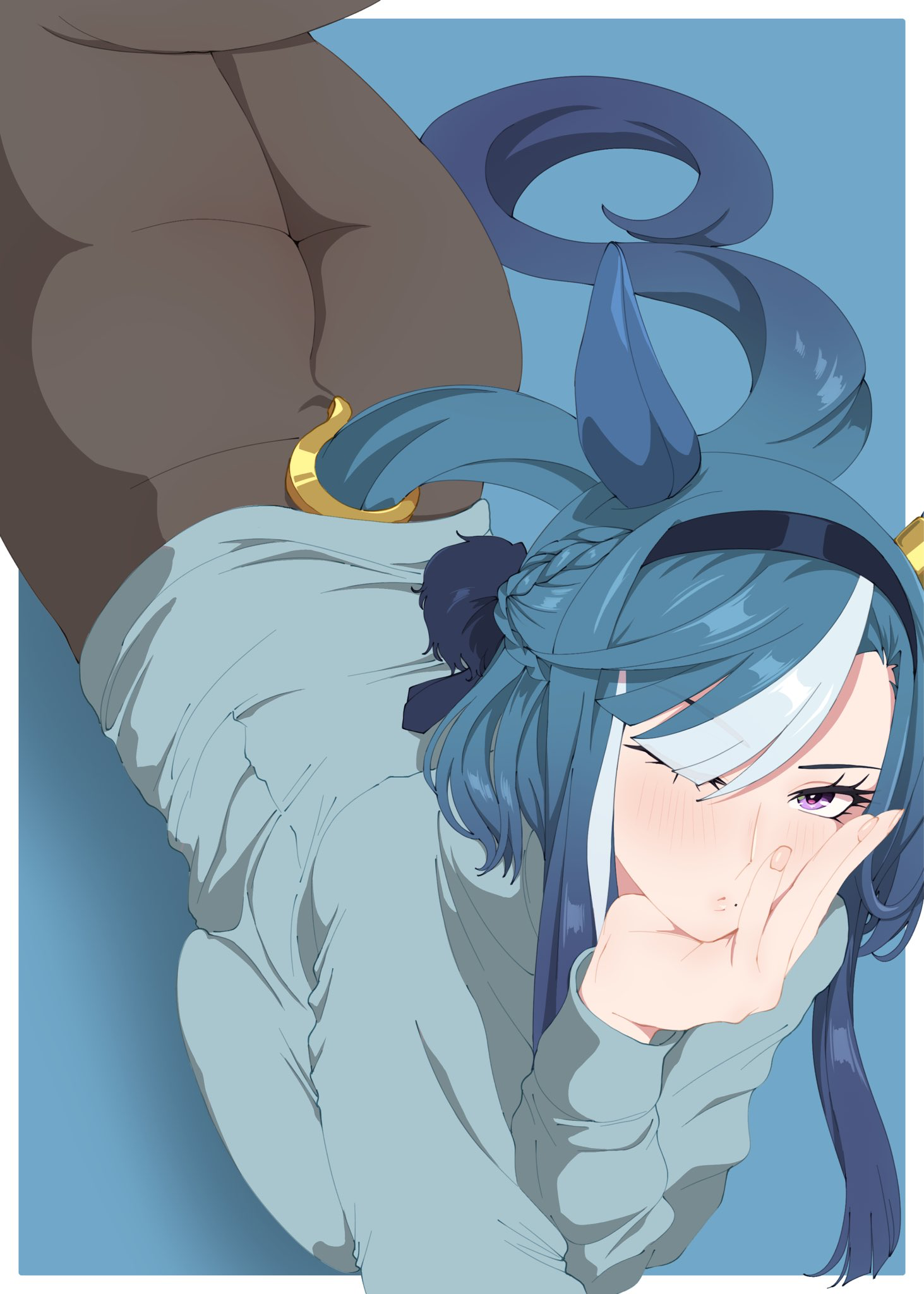 kumabachi315, admire groove (umamusume), umamusume, commentary request, highres, 1girl, animal ears, arm up, ass, blue hair, blush, border, braid, breast press, breasts, brown pantyhose, clothing cutout, elbow rest, fingernails, from above, grey hair, hair over one eye, hand on own cheek, hand on own face, head rest, horse ears, horse girl, horse tail, lips, long sleeves, looking at viewer, lying, mole, mole under mouth, multicolored hair, on stomach, one eye closed, outside border, pantyhose, parted lips, purple eyes, solo, sweater, tail, tail through clothes, two-tone hair, white border