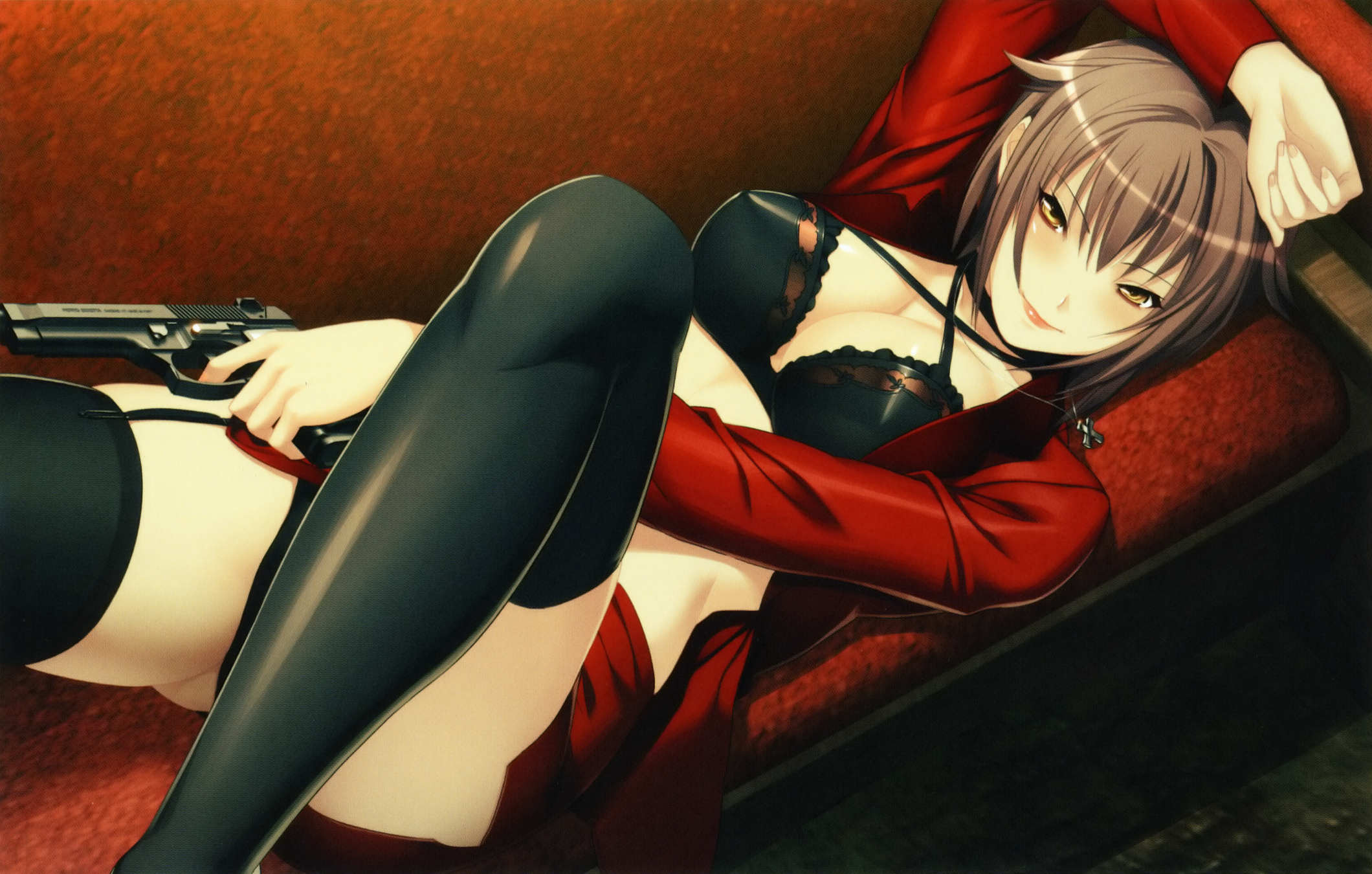 oosaki shin'ya, rebecca (gekkou no carnevale), gekkou no carnevale, nitroplus, highres, 1girl, black bra, black hair, black panties, black thighhighs, blush, bra, breasts, brown hair, business suit, cleavage, couch, female focus, formal clothes, garter belt, gun, handgun, jewelry, large breasts, lingerie, lying, midriff, miniskirt, necklace, on back, open clothes, open shirt, panties, pencil skirt, pistol, semi-automatic pistol, shirt, short hair, skirt, skirt suit, smile, solo, suit, thighhighs, underwear, weapon, yellow eyes