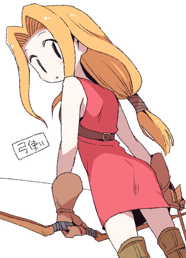 dokan (dkn), archer (fft), final fantasy, final fantasy tactics, translation request, 1girl, arrow (projectile), bare shoulders, blonde hair, boots, bow (weapon), brown boots, brown gloves, cowboy shot, curtained hair, dress, dutch angle, from behind, from below, gloves, holding, holding arrow, holding bow (weapon), holding weapon, light blush, long hair, looking at viewer, looking back, low-tied long hair, red dress, shoulder belt, simple background, sleeveless, sleeveless dress, solo, weapon, white background, | |