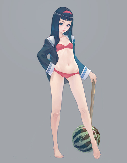weno, original, 1girl, barefoot, bikini, black hair, blunt bangs, female focus, food, fruit, full body, grey eyes, hime cut, legs, red bikini, simple background, solo, suikawari, swimsuit, watermelon