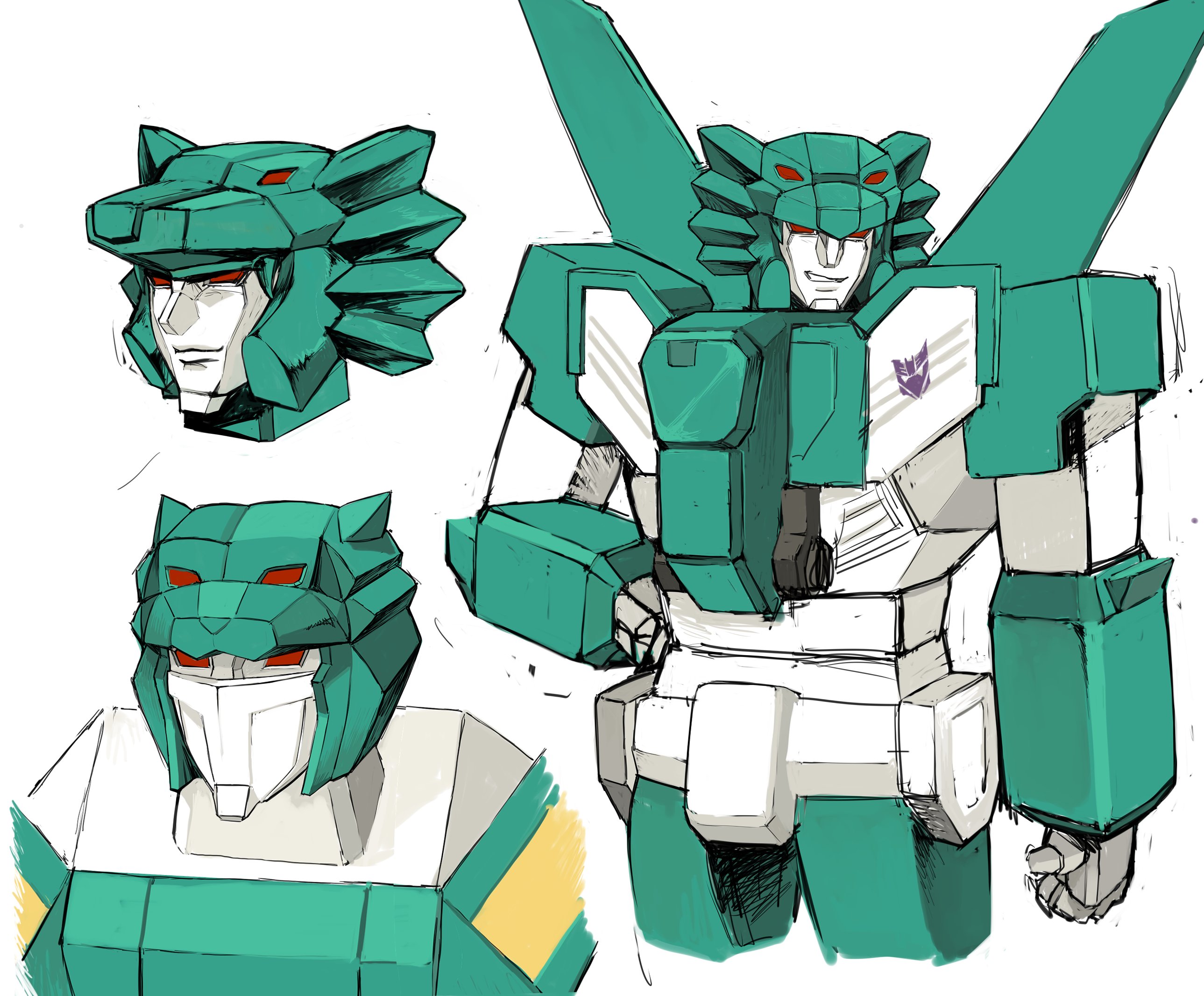 missyou67363, leozack, transformers, transformers victory, commentary, english commentary, highres, 1boy, airplane wing, clenched hand, decepticon, dual persona, evil grin, evil smile, extra eyes, grin, hand on own hip, humanoid robot, insignia, liokaiser, looking at viewer, mecha, metal skin, no humans, no mouth, red eyes, robot, science fiction, simple background, smile, upper body, white background, wings