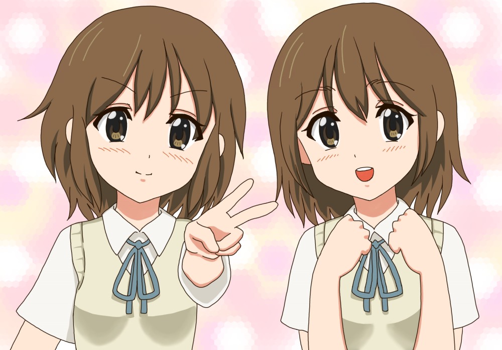chunpai, hirasawa ui, hirasawa yui, k-on!, 00s, 2girls, alternate hairstyle, brown eyes, brown hair, hair down, multiple girls, school uniform, short hair, siblings, sisters, v