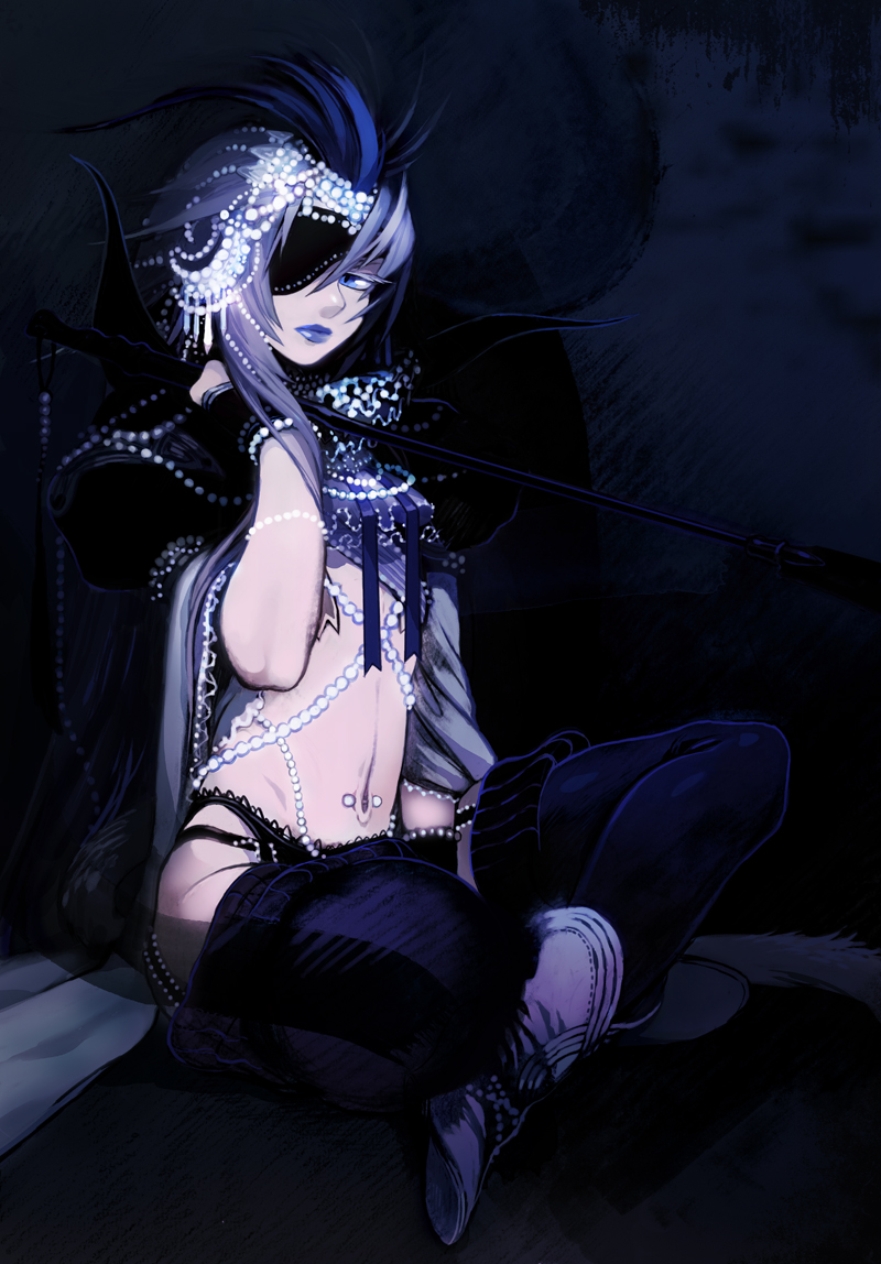 kimimaru, kuja, dissidia final fantasy, final fantasy, final fantasy ix, bad id, bad pixiv id, 00s, 1boy, androgynous, blue eyes, boots, bracelet, crossdressing, crossdressing (mtf), eyepatch, gem, jewelry, lips, lipstick, makeup, male focus, midriff, multicolored hair, navel, navel piercing, panties, pearl (gemstone), piercing, solo, thighhighs, thong, trap, two-tone hair, underwear