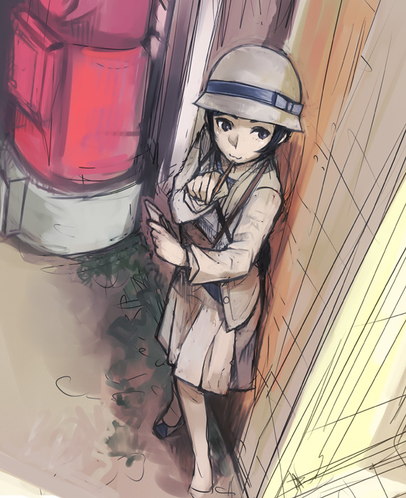 haruhashi, asakura tae, devil summoner (series), 1girl, :3, cardigan, cloche hat, female focus, flapper girl, hat, holding, jacket, long sleeves, looking to the side, notepad, outdoors, pen, shirt, shoes, short hair, skirt, solo, standing