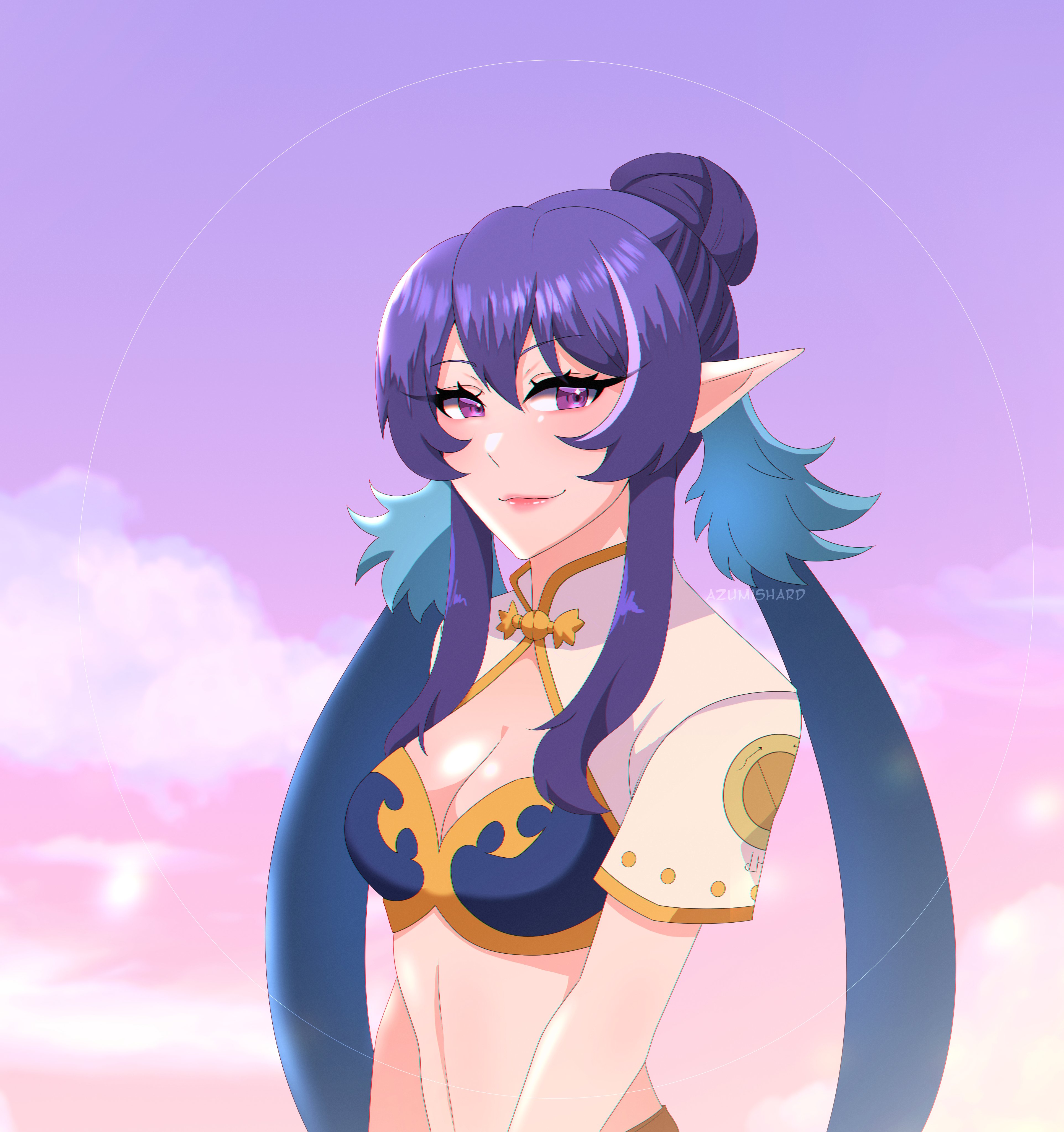 azumishard, judith (tales), tales of (series), tales of vesperia, absurdres, commentary, english commentary, highres, 1girl, breasts, cleavage, closed mouth, cloud, double-parted bangs, hair between eyes, hair bun, large breasts, long hair, looking at viewer, medium breasts, midriff, pointy ears, portrait, purple eyes, purple hair, purple sky, short sleeves, single hair bun, sky, smile, solo, two side up, upper body