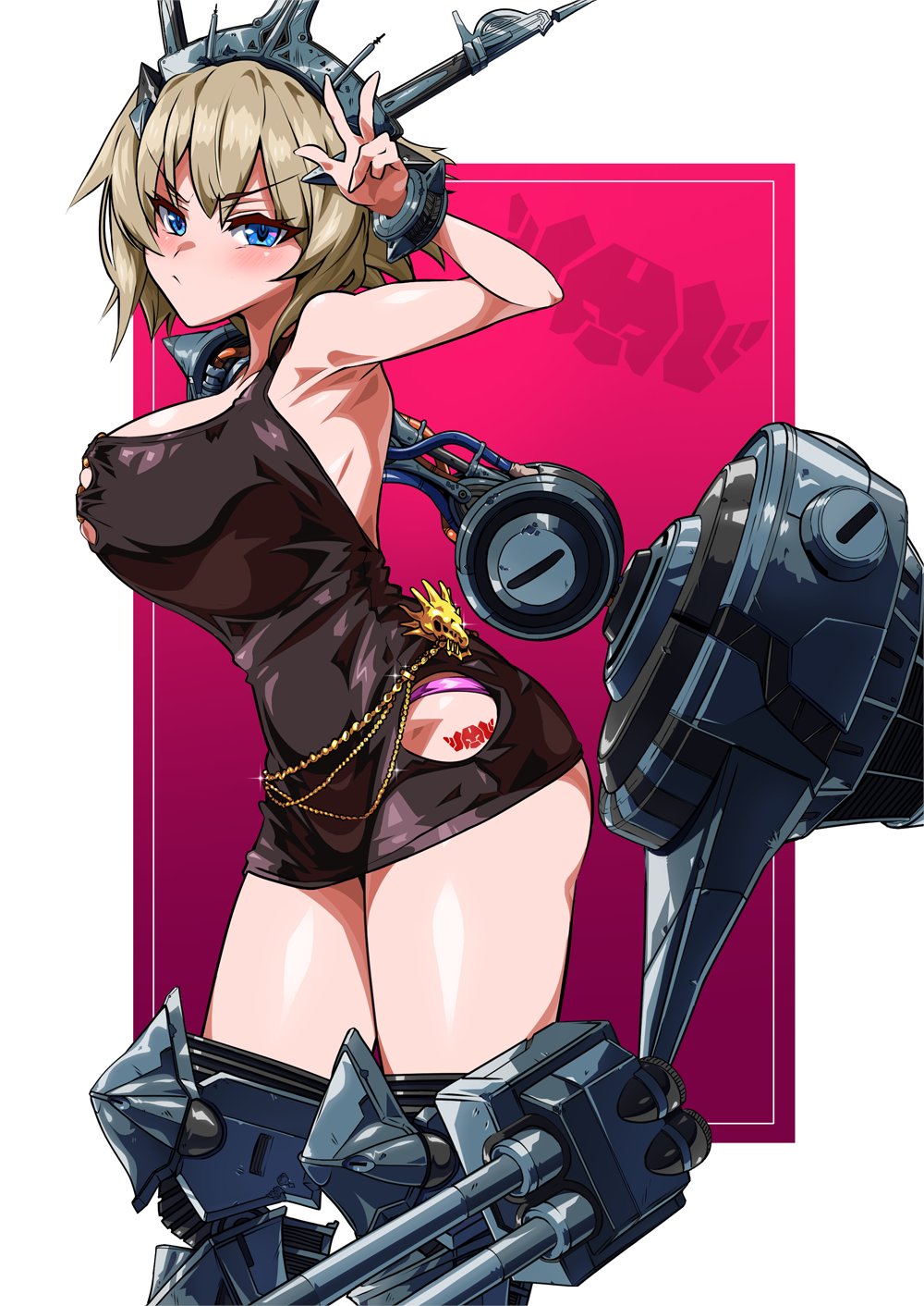 shitagani, cosmic break, commentary request, highres, 1girl, alternate costume, armored boots, blonde hair, blue eyes, blush, boots, breasts, cannon, dress, hair between eyes, hand up, headpiece, large breasts, mecha musume, panties, pink panties, scowl, shivatris, short dress, short hair, tattoo, underwear