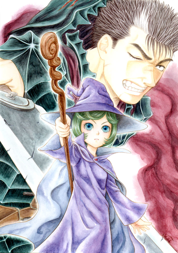 kawamura kou, guts (berserk), schierke (berserk), berserk, 1990s (style), 1boy, 1girl, armor, blue eyes, cape, child, clenched teeth, dragonslayer (sword), flat chest, frown, green hair, hat, huge weapon, looking at viewer, one eye closed, robe, scar, serious, short hair, staff, sword, teeth, weapon, wink, witch hat