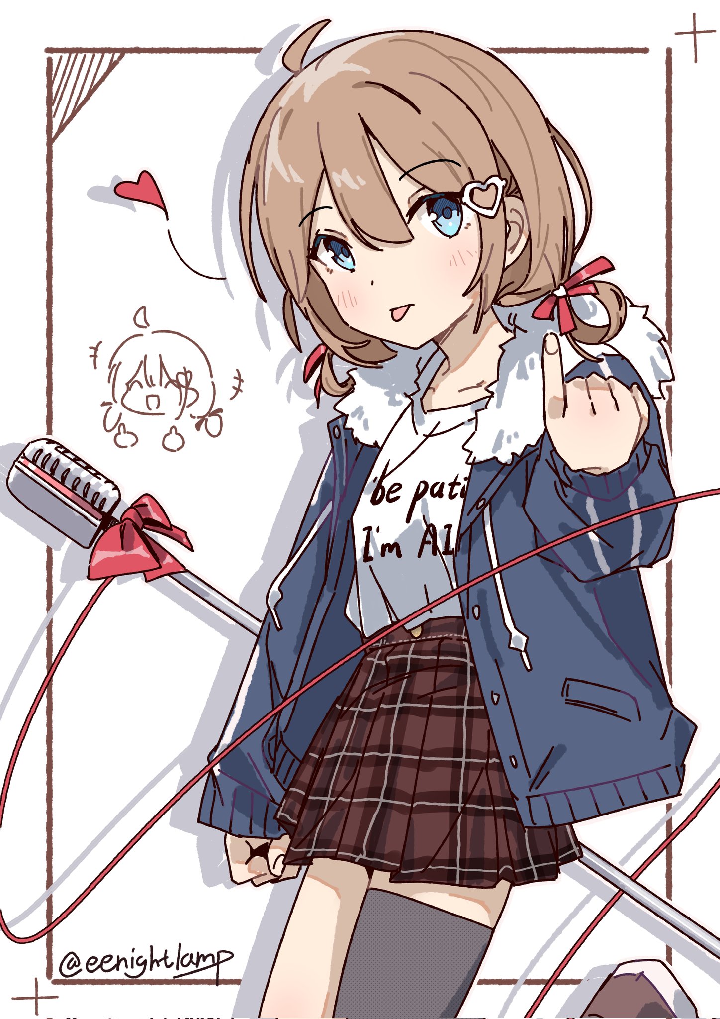 eenightlamp, iseri nina, neuro-sama, girls band cry, commentary, english commentary, highres, 1girl, ahoge, blue eyes, blue jacket, brown hair, brown shoes, brown skirt, closed mouth, cosplay, cowboy shot, from side, grey thighhighs, hair between eyes, hair rings, iseri nina (cosplay), jacket, long sleeves, looking at viewer, medium hair, microphone stand, miniskirt, plaid clothes, plaid skirt, shirt, shirt tucked in, shoes, single thighhigh, skirt, solo, thighhighs, tongue, tongue out, twitter username, vedal ai, virtual youtuber, white shirt