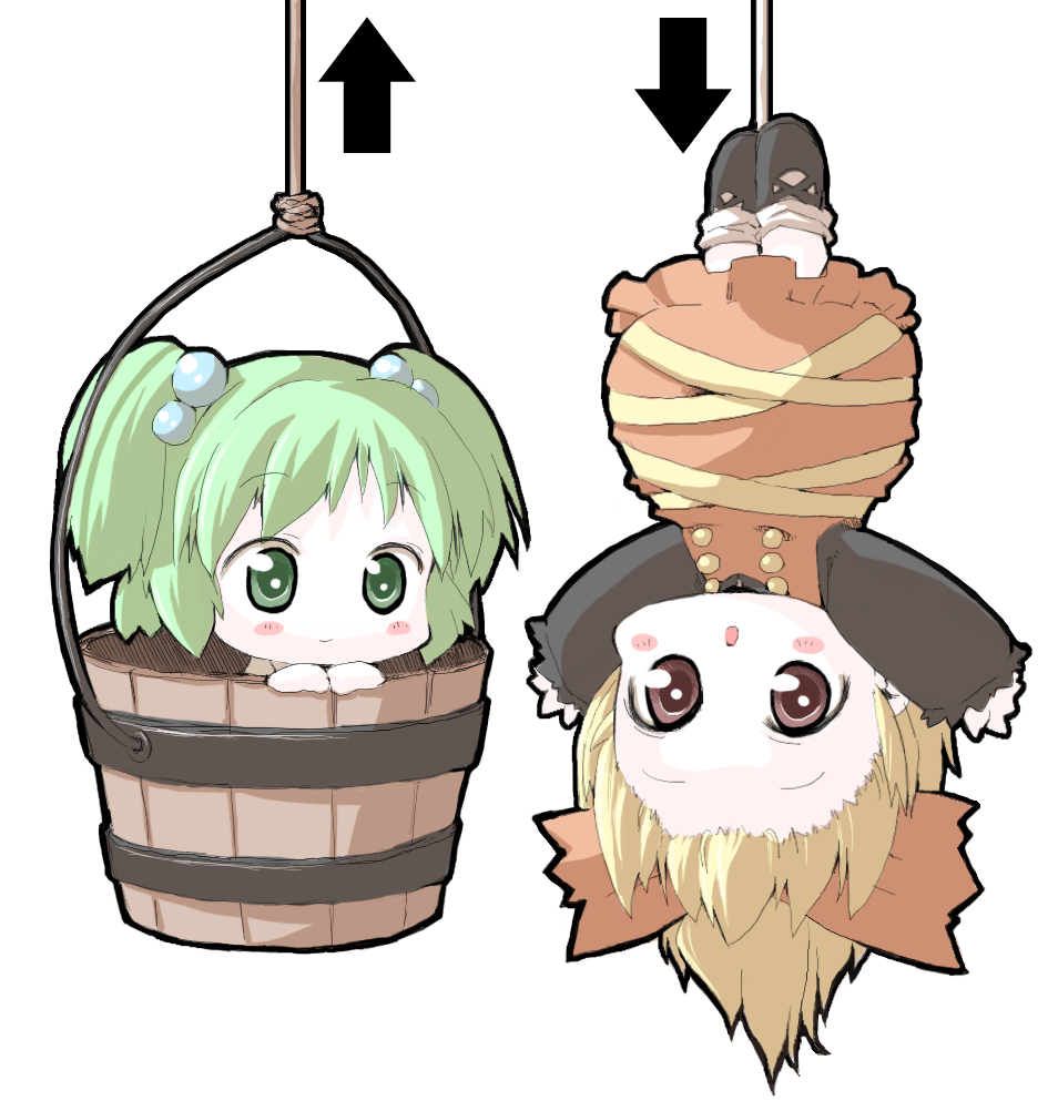 meta36, meta ooyake, kisume, kurodani yamame, touhou, 2girls, arrow (symbol), blonde hair, blush stickers, bow, bucket, chibi, female focus, green eyes, green hair, hair bobbles, hair bow, hair ornament, hanging, in bucket, in container, multiple girls, open mouth, short hair, twintails, upside-down