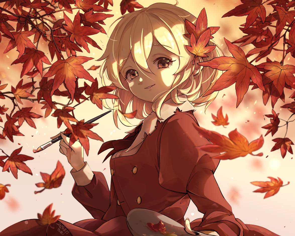 tami (joemanyodw), aki shizuha, touhou, commentary, symbol-only commentary, 1girl, autumn, autumn leaves, blonde hair, buttons, closed mouth, dress, hair ornament, holding, holding paint palette, holding paintbrush, juliet sleeves, leaf, leaf hair ornament, long sleeves, looking at viewer, maple leaf, paint, paint palette, paintbrush, puffy sleeves, red dress, red eyes, short hair, smile, solo
