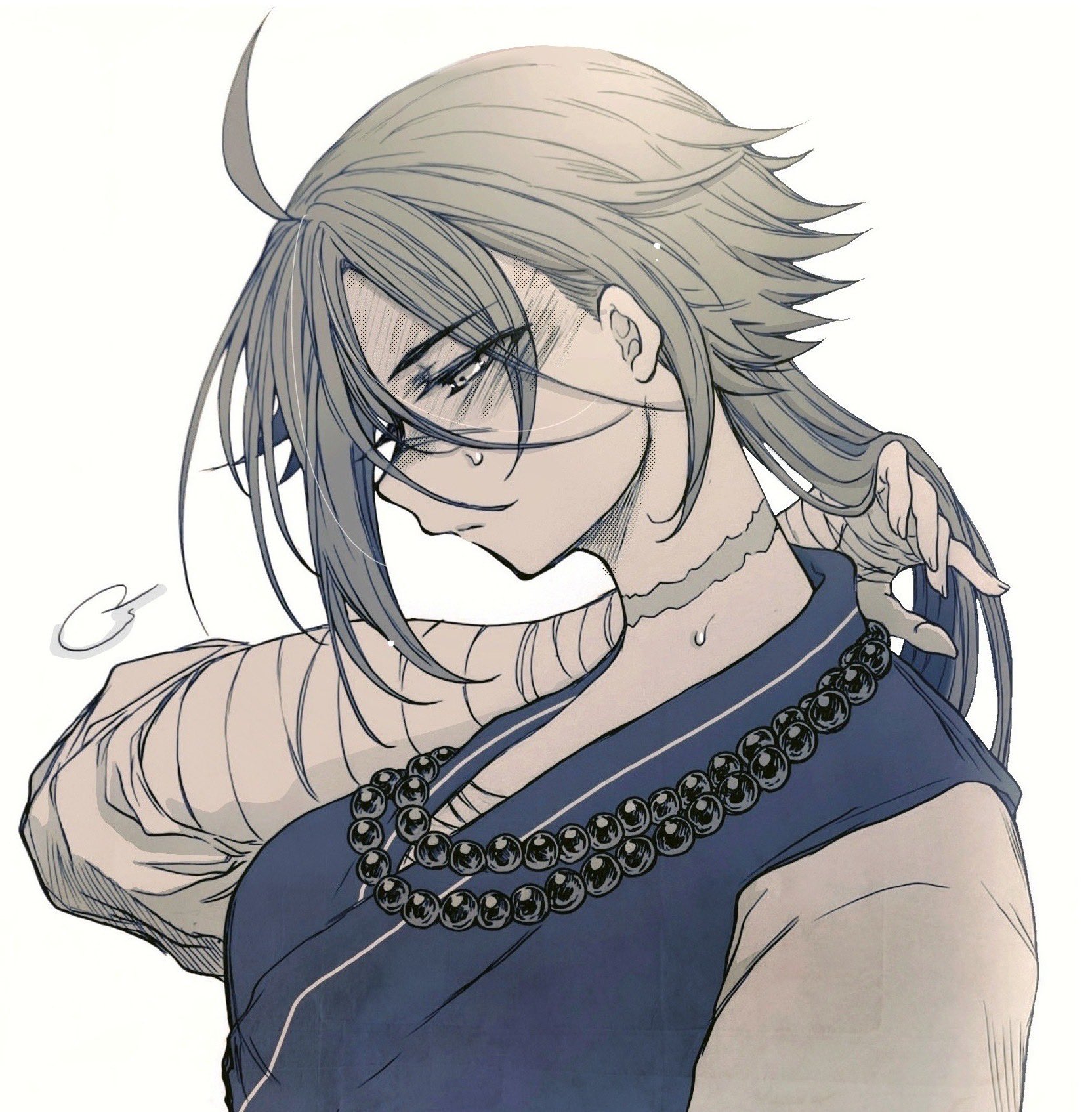 siiika (siiika6), sugitani zenjubou (fate), fate/grand order, fate (series), commentary request, highres, 1girl, ahoge, bandaged arm, bandaged chest, bandages, bead necklace, beads, japanese clothes, jewelry, long hair, monochrome, necklace, partially shaded face, prayer beads, scar, scar on face, scar on neck, scar on nose, sigh, sweat