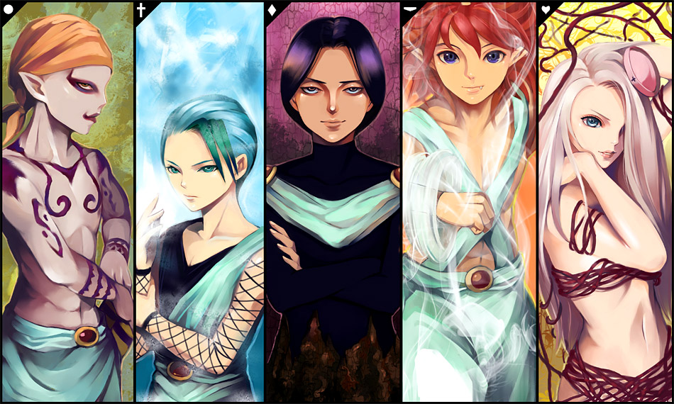 itori (clarice note), gama, jin kaze tsukai, juyo tsukai touya, risho, ruka (yu yu hakusho), yuu yuu hakusho, silver hair, 1girl, 4boys, abs, ancient greek clothes, arm up, bandana, bare back, bare shoulders, black hair, blue eyes, blue hair, brown hair, circle, collarbone, colored skin, column lineup, cross, crossed arms, diamond (shape), fang, gem, green eyes, green hair, grey skin, hair slicked back, hand in own hair, hat, heart, himation, long hair, looking at viewer, looking to the side, midriff, multicolored hair, multiple boys, navel, orange hair, plant, pointy ears, ponytail, red hair, sleeveless, smile, tattoo, toga, two-tone hair, vines, wind