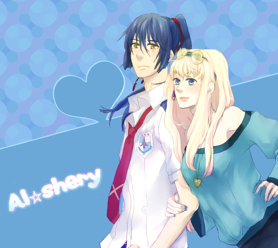 takana (tkn moo), saotome alto, sheryl nome, macross, macross frontier, 00s, 1boy, 1girl, bare shoulders, blonde hair, blue eyes, blue hair, blue nails, blue shirt, breasts, character name, cleavage, closed mouth, collared shirt, couple, earrings, eyewear on head, glasses, heart, heart necklace, hetero, holding own arm, jewelry, leaning forward, lips, long hair, long sleeves, looking at viewer, medium breasts, nail polish, necklace, necktie, off-shoulder shirt, off shoulder, pendant, red necktie, rimless eyewear, shirt, short sleeves, single earring, smile, upper body, white shirt, wing collar, yellow eyes
