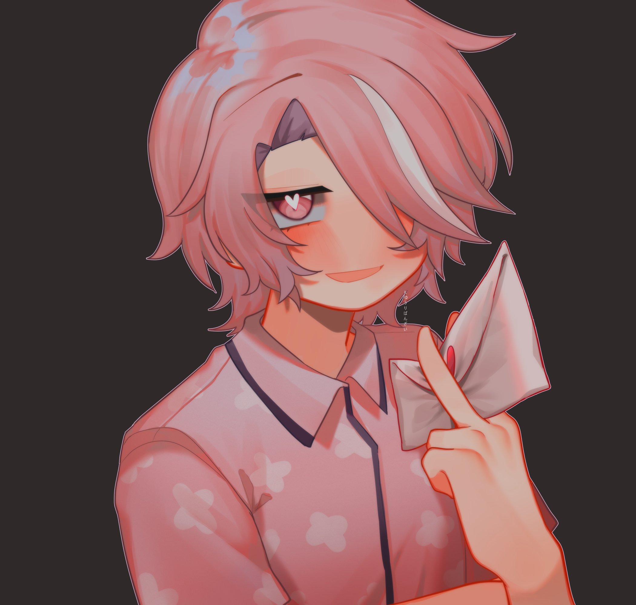 ikhaw (yuribanzai), original, highres, 1girl, :d, androgynous, between fingers, black background, blush, bright pupils, collared shirt, curtained hair, envelope, eyes visible through hair, flat chest, from above, hair over one eye, hand up, heart, heart-shaped pupils, holding, holding envelope, inward v, jitome, multicolored hair, no nose, one eye covered, open mouth, outline, pink eyes, pink hair, pink shirt, shirt, short hair, simple background, smile, solo, streaked hair, symbol-shaped pupils, two-tone hair, upper body, v, white hair, white outline, white pupils