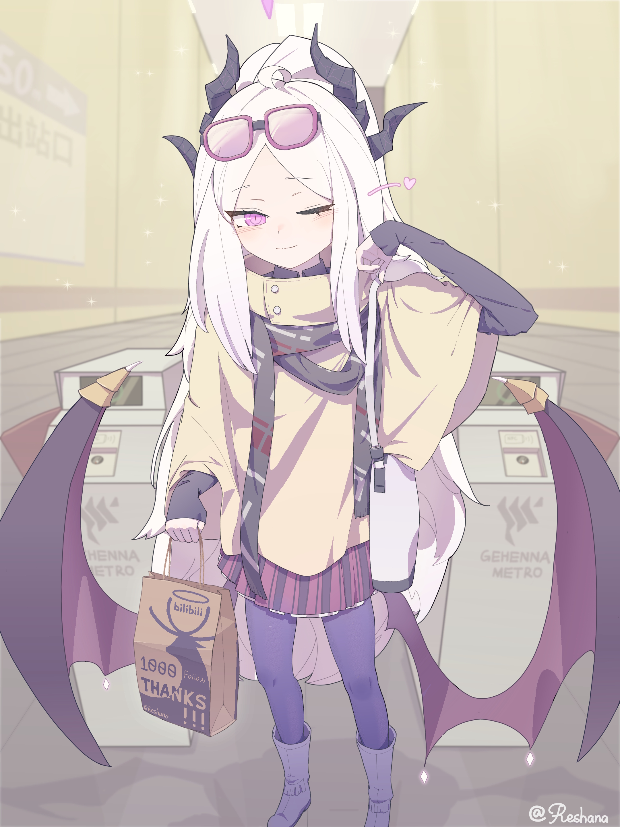 hina (blue archive), blue archive, absurdres, commentary request, highres, 1girl, ahoge, breasts, casual, demon girl, demon horns, demon wings, eyewear on head, gehenna academy logo, halo, horns, long hair, looking at viewer, one eye closed, purple eyes, reshana, small breasts, solo, standing, very long hair, white hair, wings