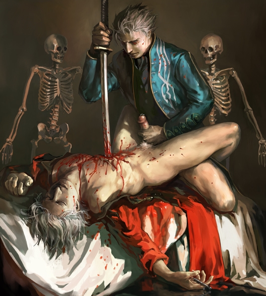 dante (devil may cry), sparda, vergil (devil may cry), yamato, capcom, devil may cry (series), 00s, 2boys, anal, blood, brothers, guro, handjob, impaled, incest, katana, male focus, male penetrated, multiple boys, pain, penis, sex, siblings, skeleton, sword, weapon, white hair, yaoi