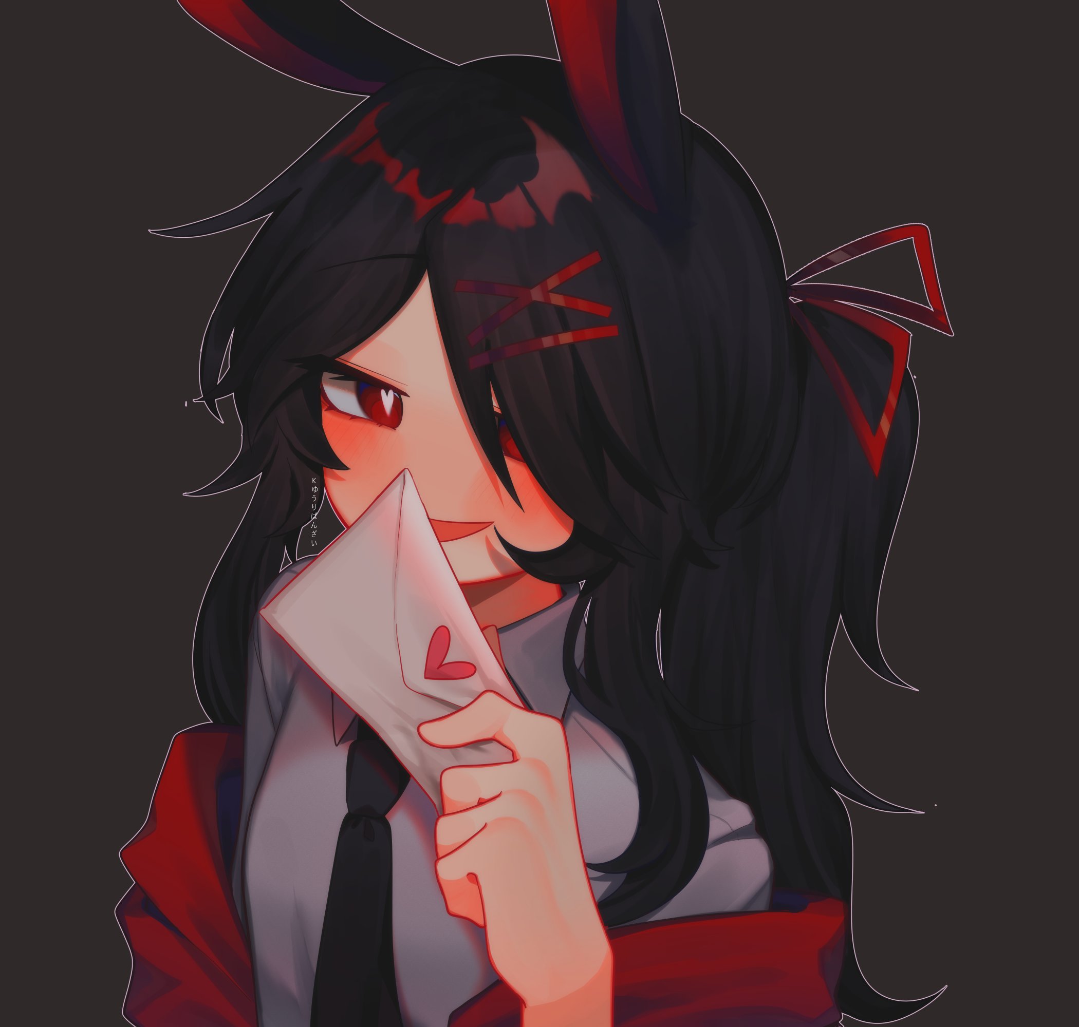 ikhaw (yuribanzai), original, highres, 1girl, :d, animal ears, artist self-insert, black background, black hair, black necktie, blush, breasts, bright pupils, collared shirt, envelope, from above, hair ornament, hair over one eye, hair ribbon, hand up, heart, heart-shaped pupils, holding, holding envelope, jacket, jacket partially removed, long hair, looking at viewer, necktie, no mouth, no nose, open clothes, open jacket, open mouth, outline, parted bangs, ponytail, rabbit ears, rabbit girl, red eyes, red jacket, red ribbon, ribbon, shirt, simple background, small breasts, smile, solo, symbol-shaped pupils, upper body, white outline, white pupils, white shirt, x hair ornament
