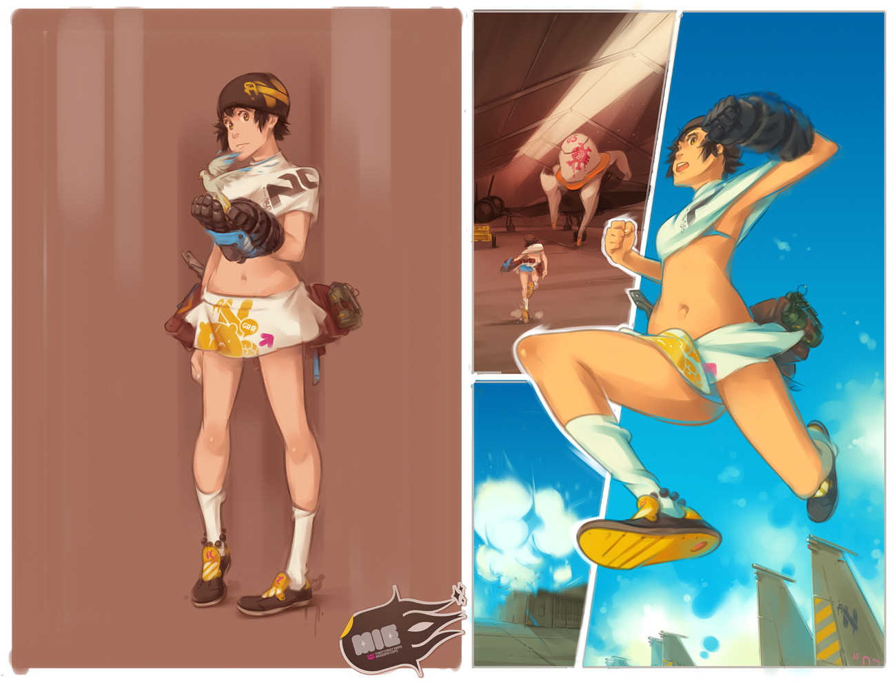 studio qube, bird, explosion, jumping, navel, open mouth, panties, running, short hair, underwear