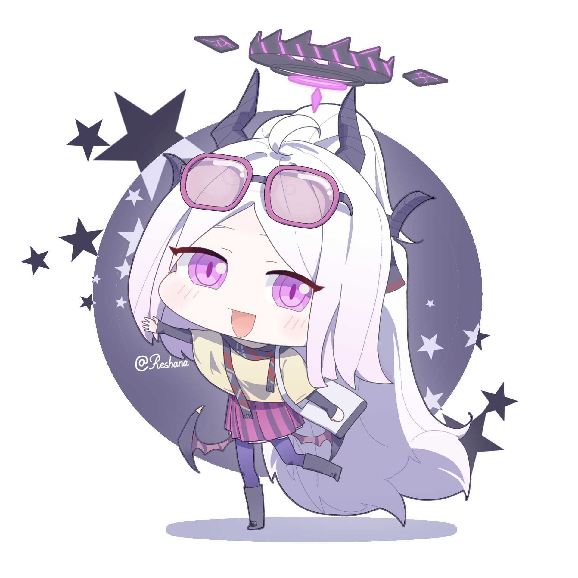 hina (blue archive), blue archive, highres, 1girl, ahoge, black halo, chibi, chibi only, demon girl, demon horns, demon wings, eyewear on head, halo, horns, long hair, looking at viewer, purple eyes, reshana, skirt, solo, standing, star (symbol), very long hair, white hair, wings
