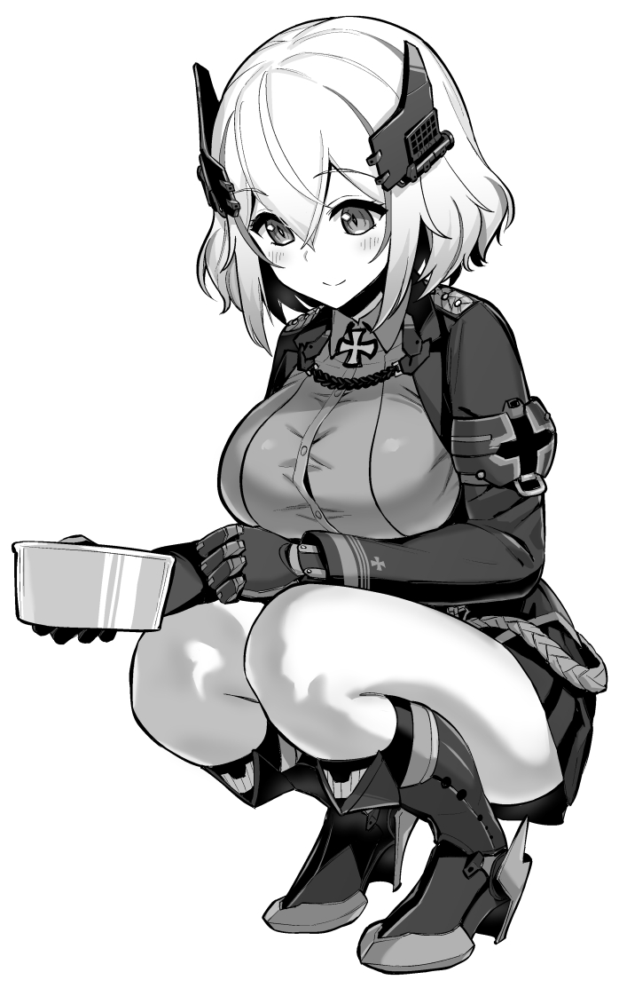 hori (hori no su), roon (azur lane), azur lane, azur lane: slow ahead, commentary, official art, 1girl, armband, blush, boots, breasts, buttons, chest strap, closed mouth, collared shirt, cropped jacket, cross, dress shirt, full body, greyscale, hair between eyes, high heel boots, high heels, horns, iron cross, jacket, large breasts, long sleeves, mechanical horns, miniskirt, monochrome, multicolored hair, shirt, short hair, shoulder boards, simple background, skirt, smile, solo, squatting, streaked hair, thighs, white background