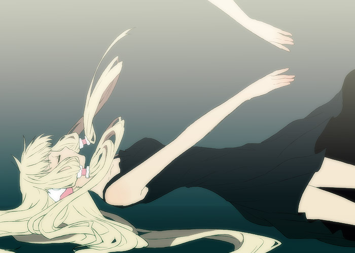 mimana, chii, chobits, 00s, 1girl, bare shoulders, blonde hair, closed eyes, dress, female focus, floating, hair spread out, long hair, solo, very long hair