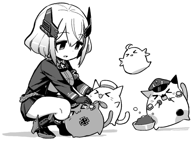 hori (hori no su), manjuu (azur lane), meowfficer (azur lane), roon (azur lane), azur lane, azur lane: slow ahead, commentary, official art, > <, 1girl, :3, :d, armband, blush, boots, bow, bowl, bowtie, breasts, buttons, calico (pattern), calico cat, clawed gauntlets, collared shirt, cropped jacket, cross, dress shirt, eating, epaulettes, flapping, full body, greyscale, hair between eyes, happy, hat, high heel boots, high heels, horns, iron cross, jacket, jitome, large breasts, long sleeves, mechanical horns, miniskirt, monochrome, multicolored hair, open mouth, peaked cap, pet bowl, pet food, petting, sailor hat, shirt, short hair, shoulder boards, simple background, skirt, smile, solo, squatting, streaked hair, thighs, white background, x3, xd