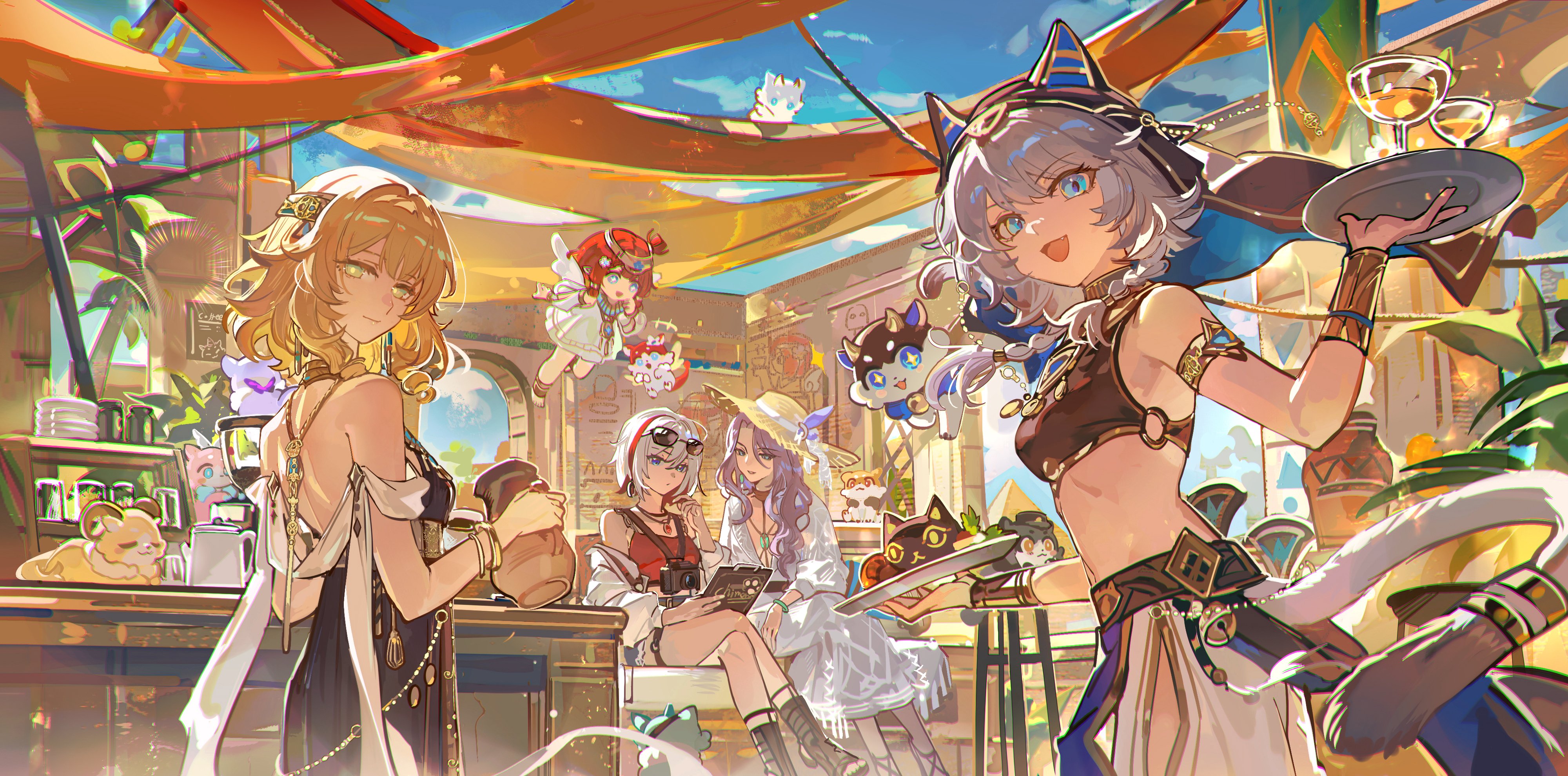 mento, aglaea (honkai: star rail), cipher (honkai: star rail), jade (honkai: star rail), topaz (honkai: star rail), tribbie (honkai: star rail), honkai: star rail, honkai (series), absurdres, commentary, english commentary, highres, 5girls, alternate costume, bare shoulders, blonde hair, blue eyes, cat girl, cat tail, closed mouth, crossed legs, dress, grey hair, hat, hoyofair, looking at viewer, multiple girls, open mouth, purple hair, red hair, short hair, sitting, smile, standing, stomach, straw hat, tail, white dress