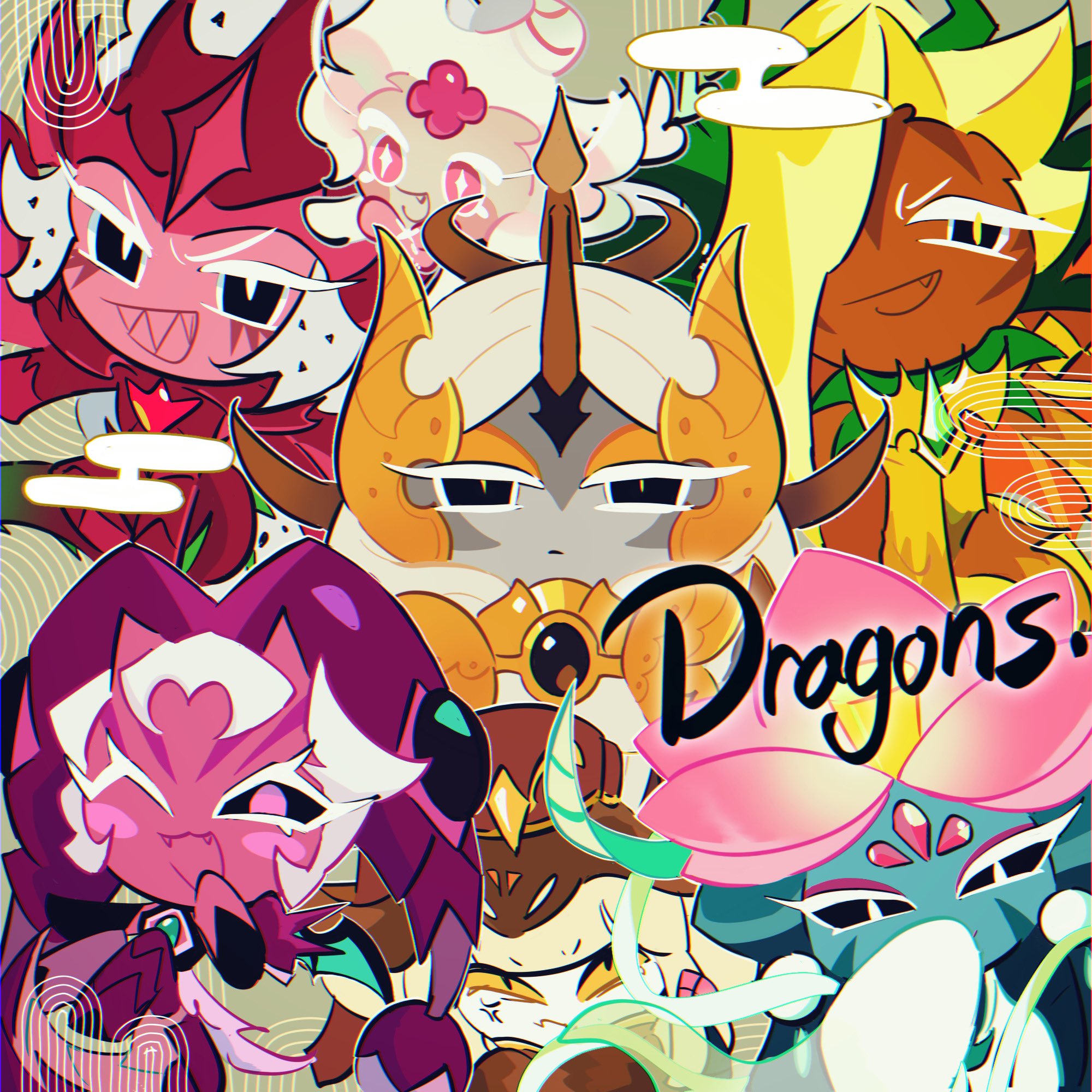 hinahinahina0421, ananas dragon cookie, longan dragon cookie, lotus dragon cookie, lychee dragon cookie, pitaya dragon cookie, snake fruit cookie, snapdragon cookie, cookie run, cookie run: kingdom, cookie run: ovenbreak, commentary request, highres, + +, 6+others, :d, ;3, ;d, anger vein, aqua skin, armor, armored boots, baby, black eyes, black gemstone, black sclera, blonde hair, blush stickers, boots, bright pupils, chromatic aberration, closed mouth, colored eyelashes, colored sclera, colored skin, covering own mouth, dark skin, dragon horns, dragon tail, dress, expressionless, eyeshadow, facial mark, fang, flower, forehead jewel, forehead mark, full armor, gem, gradient tail, green background, green gemstone, green horns, green tail, grey skin, grin, hair flower, hair ornament, hair over one eye, hand over own mouth, hat, helmet, high ponytail, horns, long sleeves, looking at another, looking at viewer, lotus, makeup, multiple others, no pupils, one eye closed, one eye covered, open mouth, orange eyeshadow, pink eyes, pink eyeshadow, pink flower, pink hat, pink skin, pink tail, ponytail, red armor, red gemstone, red helmet, red tail, sharp teeth, simple background, skin-covered horns, small horns, smile, tail, teeth, two-tone tail, v-shaped eyebrows, white dress, white eyelashes, white eyes, white hair, white pupils, white skin, wide sleeves, yellow eyes, yellow sclera, yellow tail