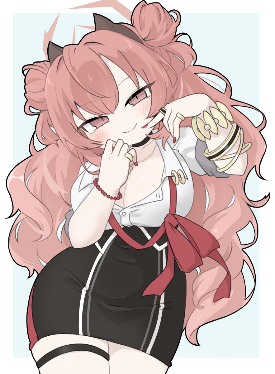 miranofuudoria, kirara (blue archive), blue archive, commentary request, highres, 1girl, bangle, bead bracelet, beads, black skirt, blue background, blush, border, bracelet, breasts, brown eyes, brown hair, cleavage, closed mouth, collared shirt, double bun, dress shirt, fingernails, gyaru, hair between eyes, hair bun, halo, head tilt, high-waist skirt, horns, jewelry, large breasts, long fingernails, long hair, puffy short sleeves, puffy sleeves, red nails, ring, school uniform, shirt, short sleeves, skirt, smile, solo, thigh strap, very long hair, white border, white shirt